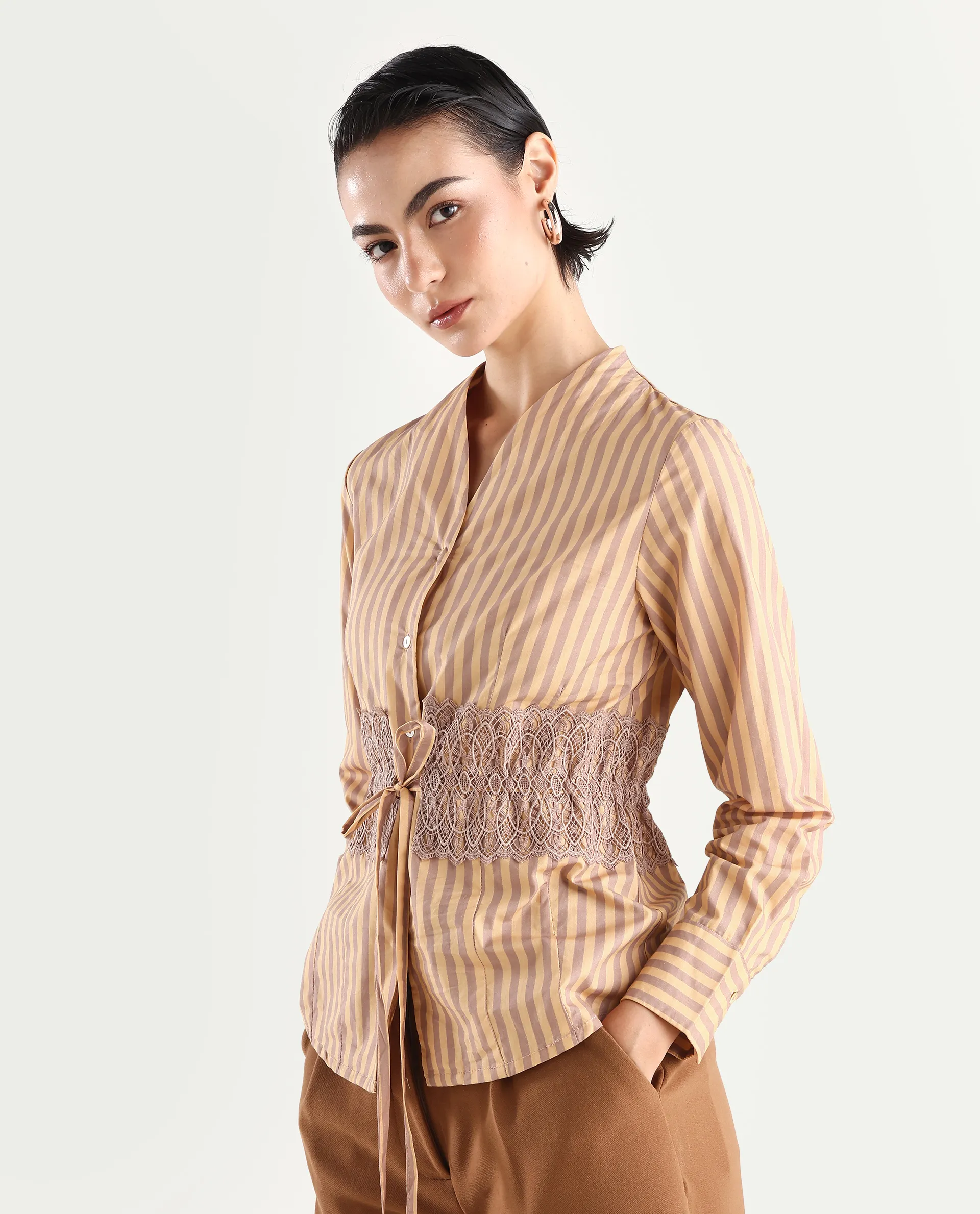 Rareism Women's Dooze Tan Cotton V-Neck Striped Cuffed Sleeve Regular Fit Top - Image 6