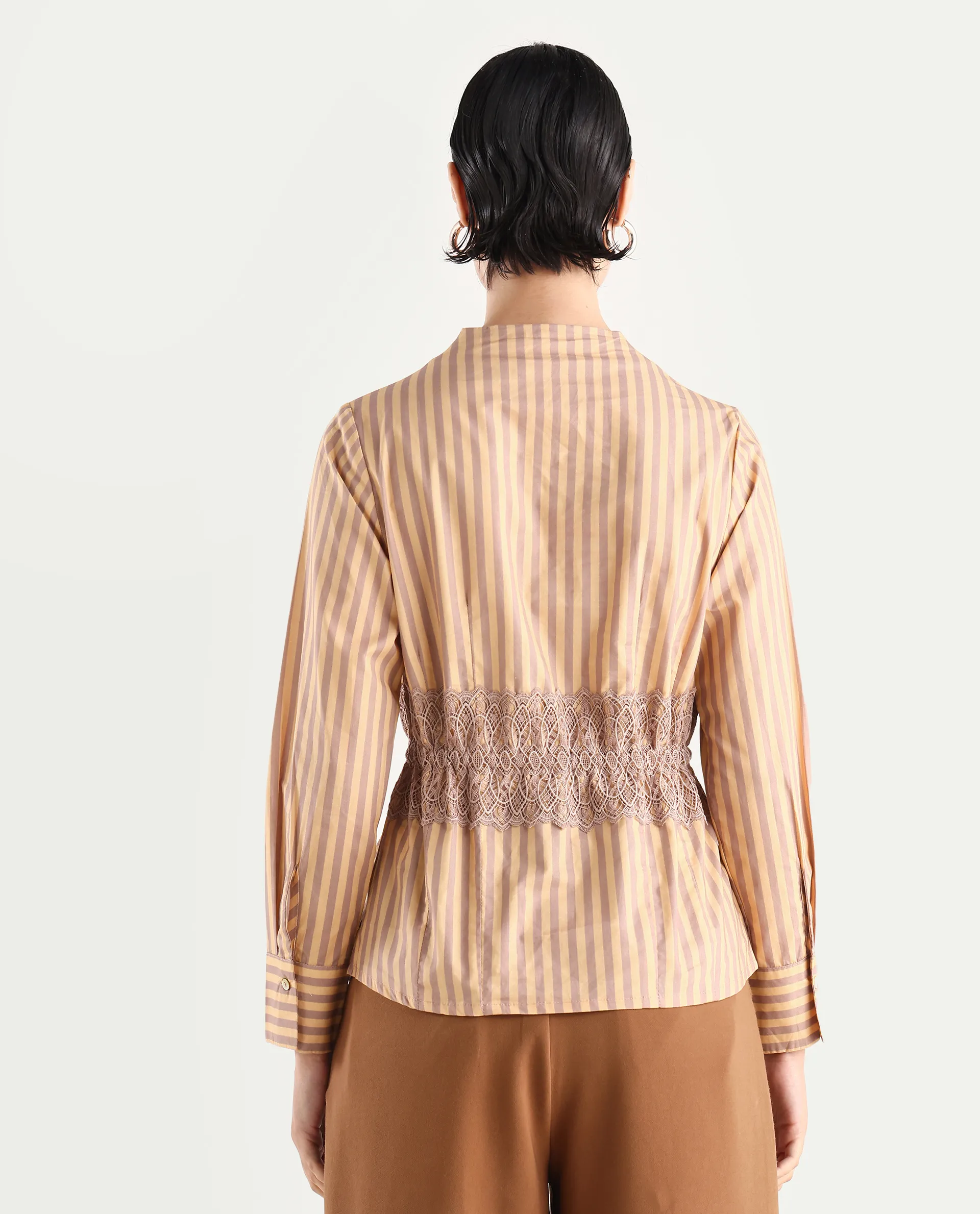 Rareism Women's Dooze Tan Cotton V-Neck Striped Cuffed Sleeve Regular Fit Top - Image 7