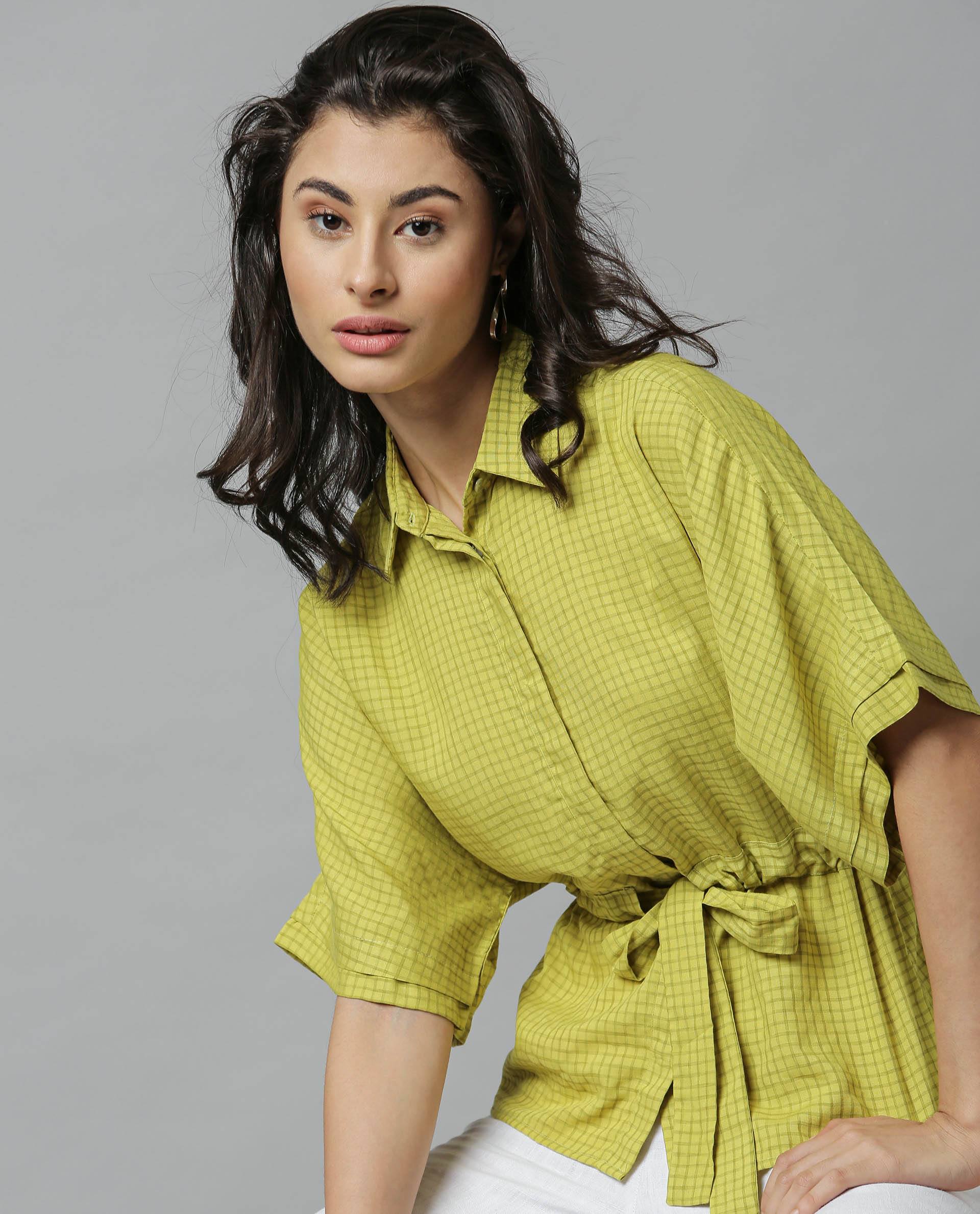Rareism Women Dope Green Top Short Sleeves Checks - Image 3