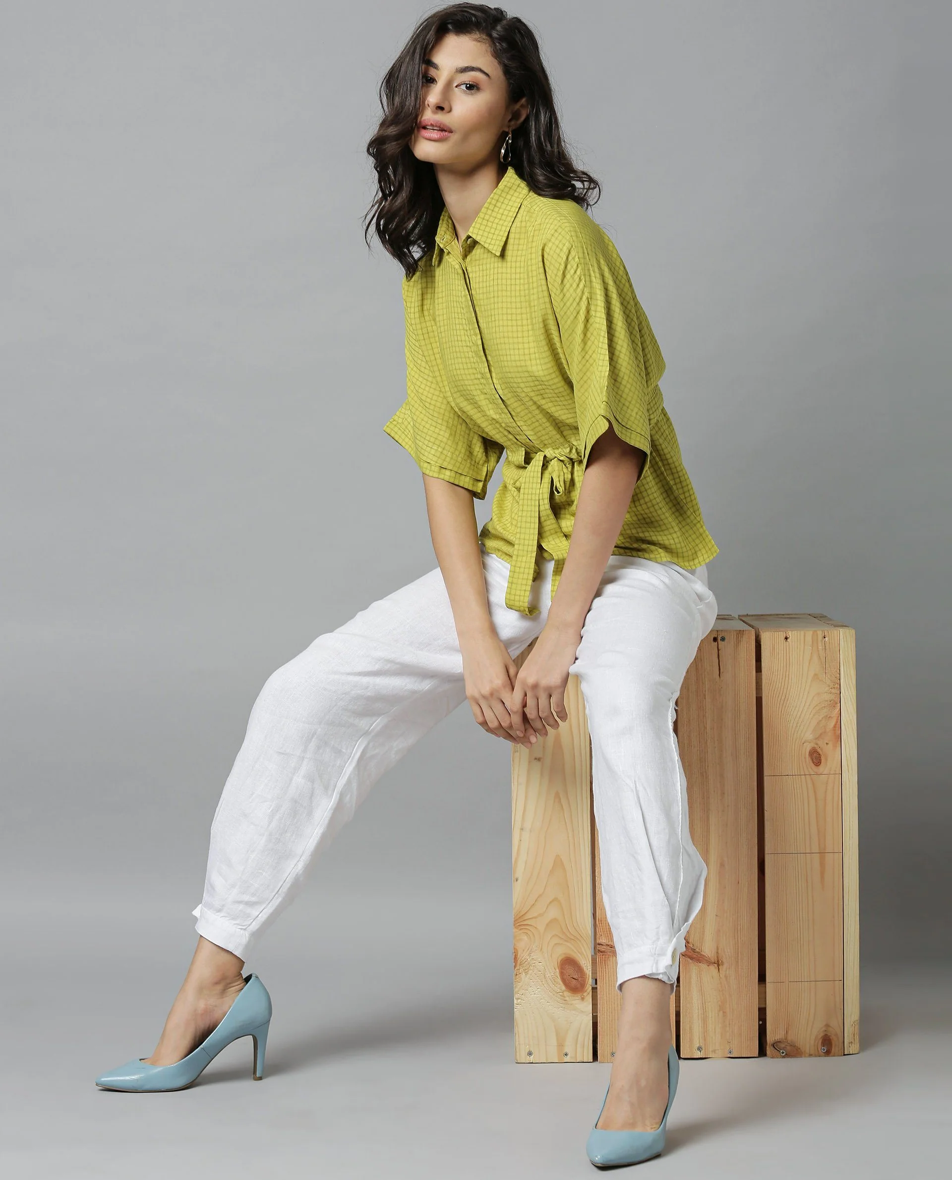 Rareism Women Dope Green Top Short Sleeves Checks - Image 4