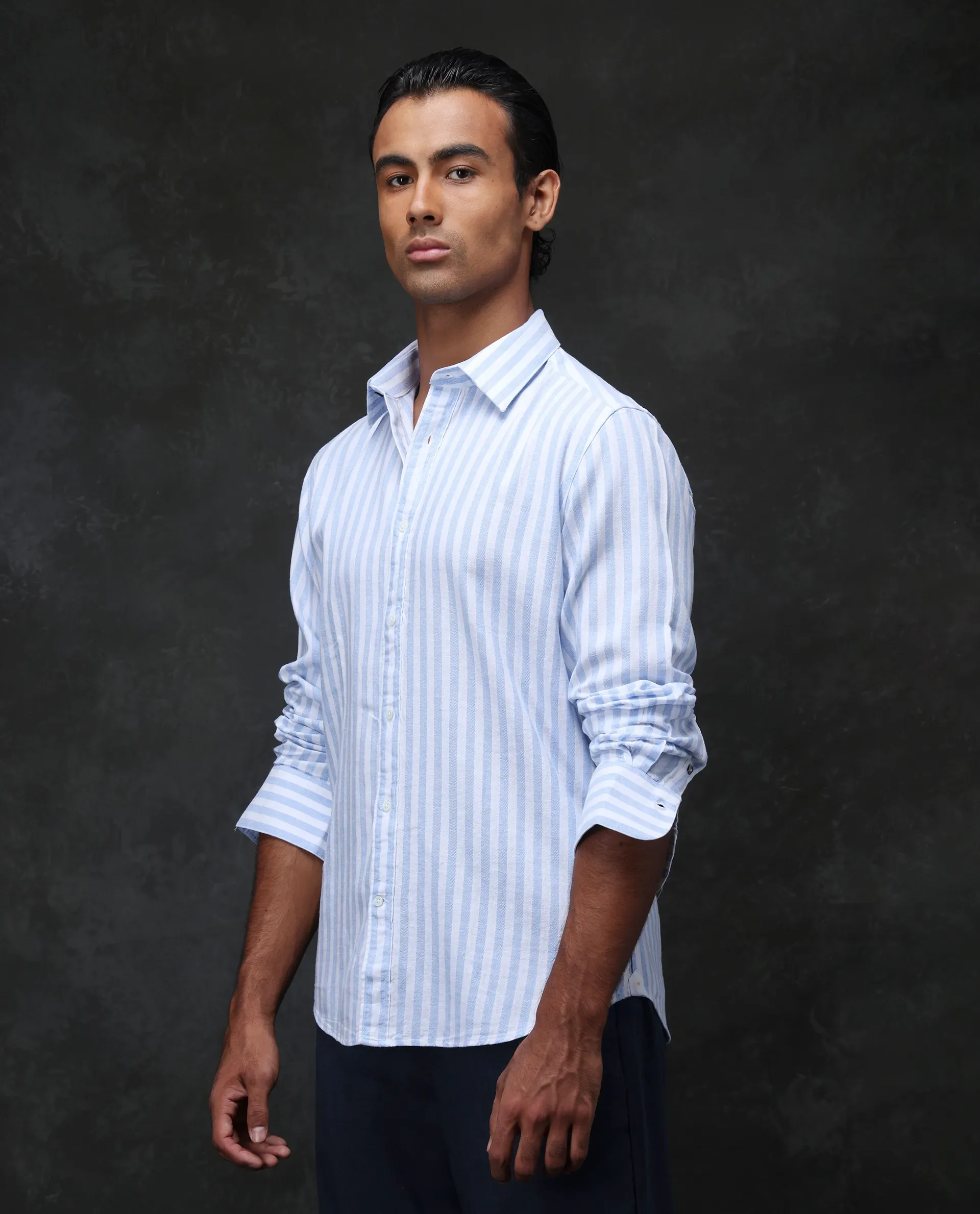 Rare Rabbit Men's Dopple Light Blue Linen Blend Striped Print Regular Fit Full Sleeve Collared Shirt - Image 2