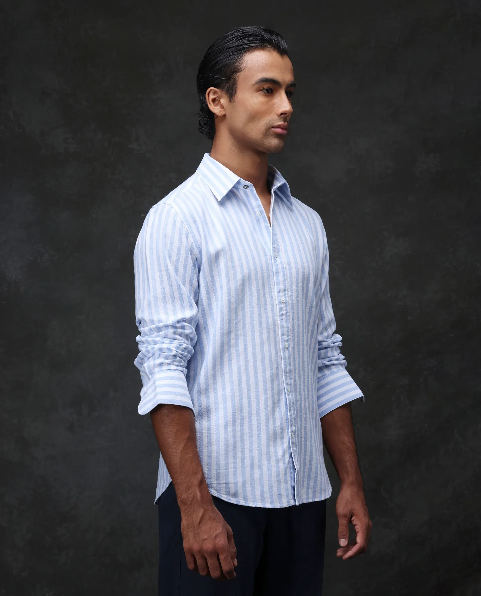 Rare Rabbit Men's Dopple Light Blue Linen Blend Striped Print Regular Fit Full Sleeve Collared Shirt - Image 3