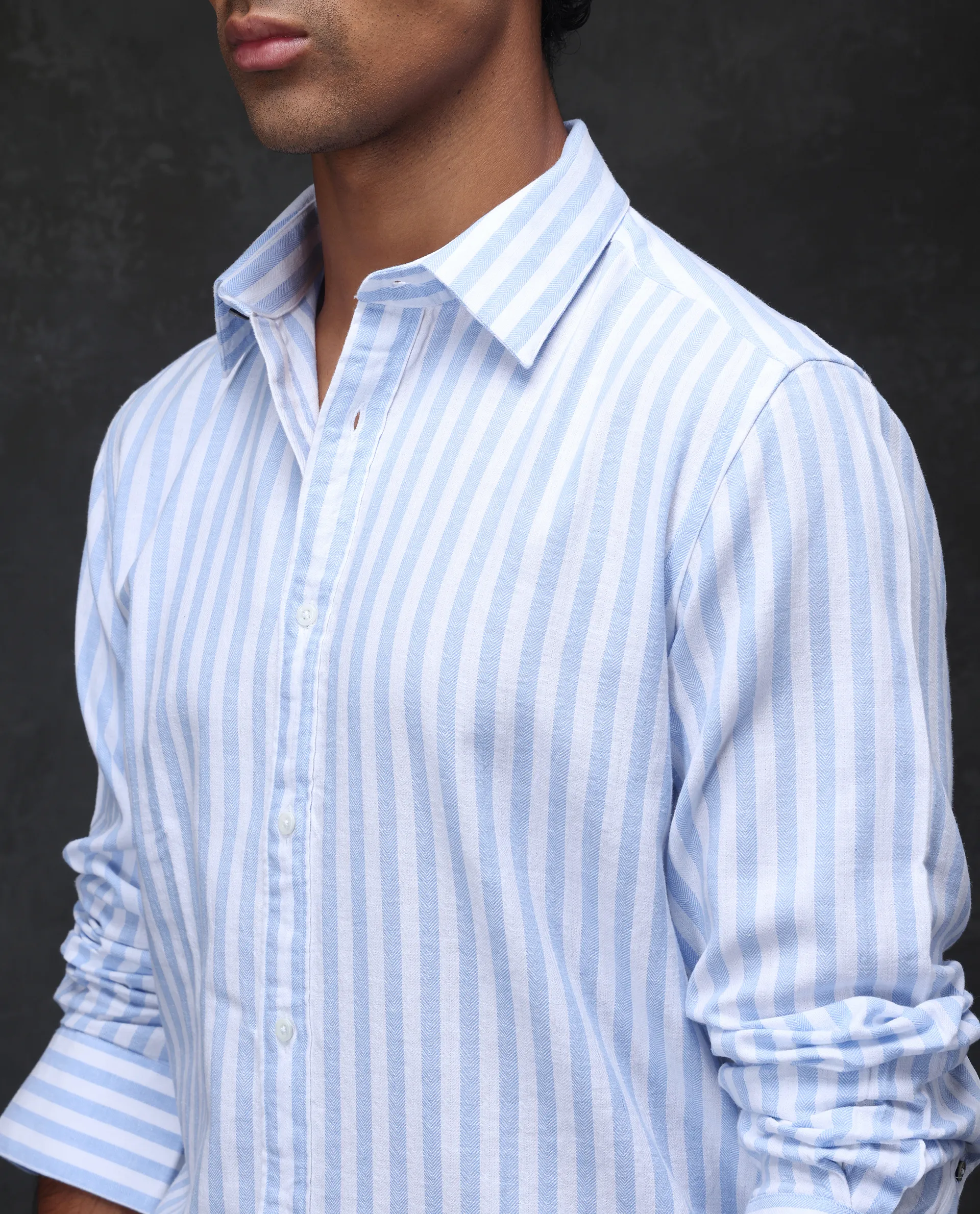 Rare Rabbit Men's Dopple Light Blue Linen Blend Striped Print Regular Fit Full Sleeve Collared Shirt - Image 5