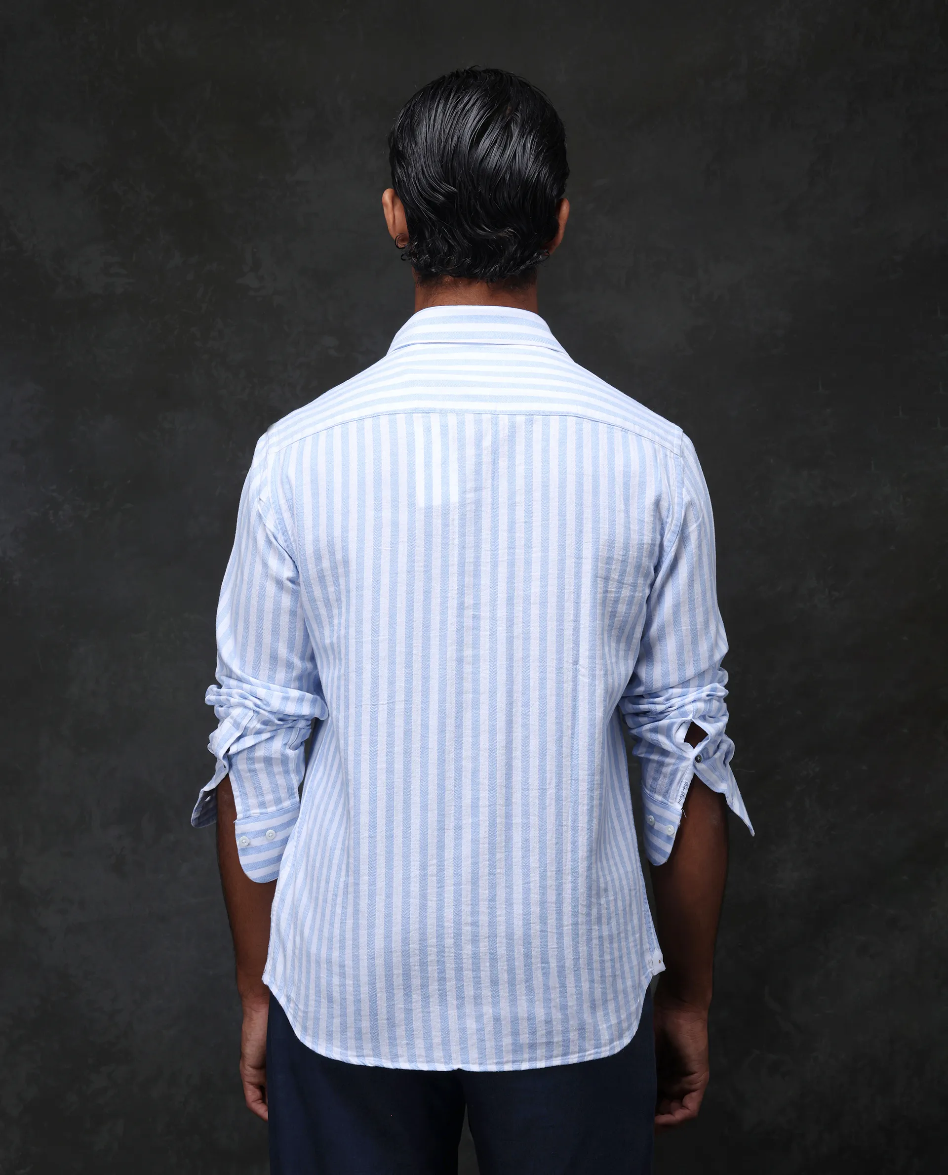 Rare Rabbit Men's Dopple Light Blue Linen Blend Striped Print Regular Fit Full Sleeve Collared Shirt - Image 7
