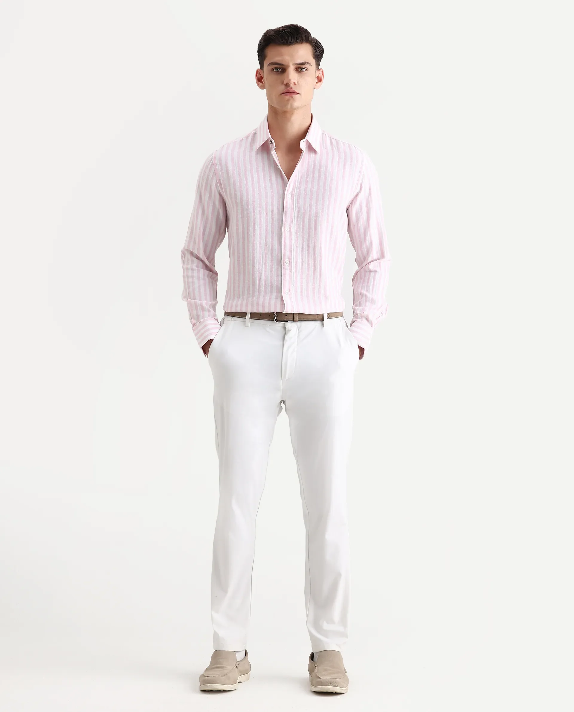 Rare Rabbit Men's Dopple Light Pink Linen Blend Striped Print Regular Fit Full Sleeve Collared Shirt - Image 2