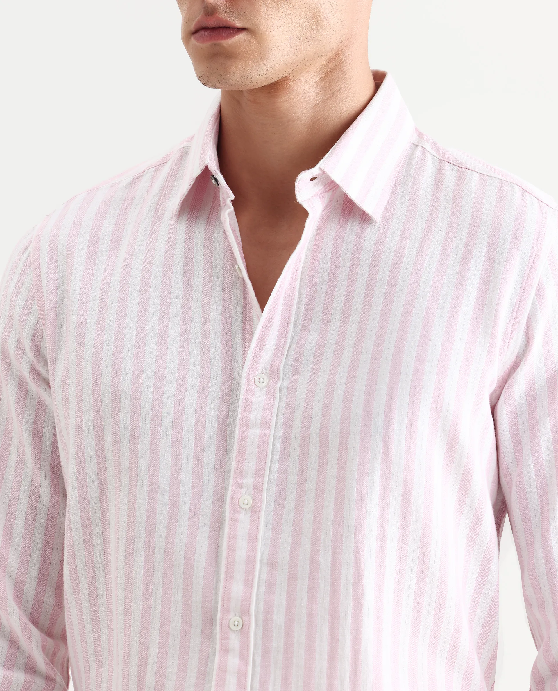 Rare Rabbit Men's Dopple Light Pink Linen Blend Striped Print Regular Fit Full Sleeve Collared Shirt - Image 3
