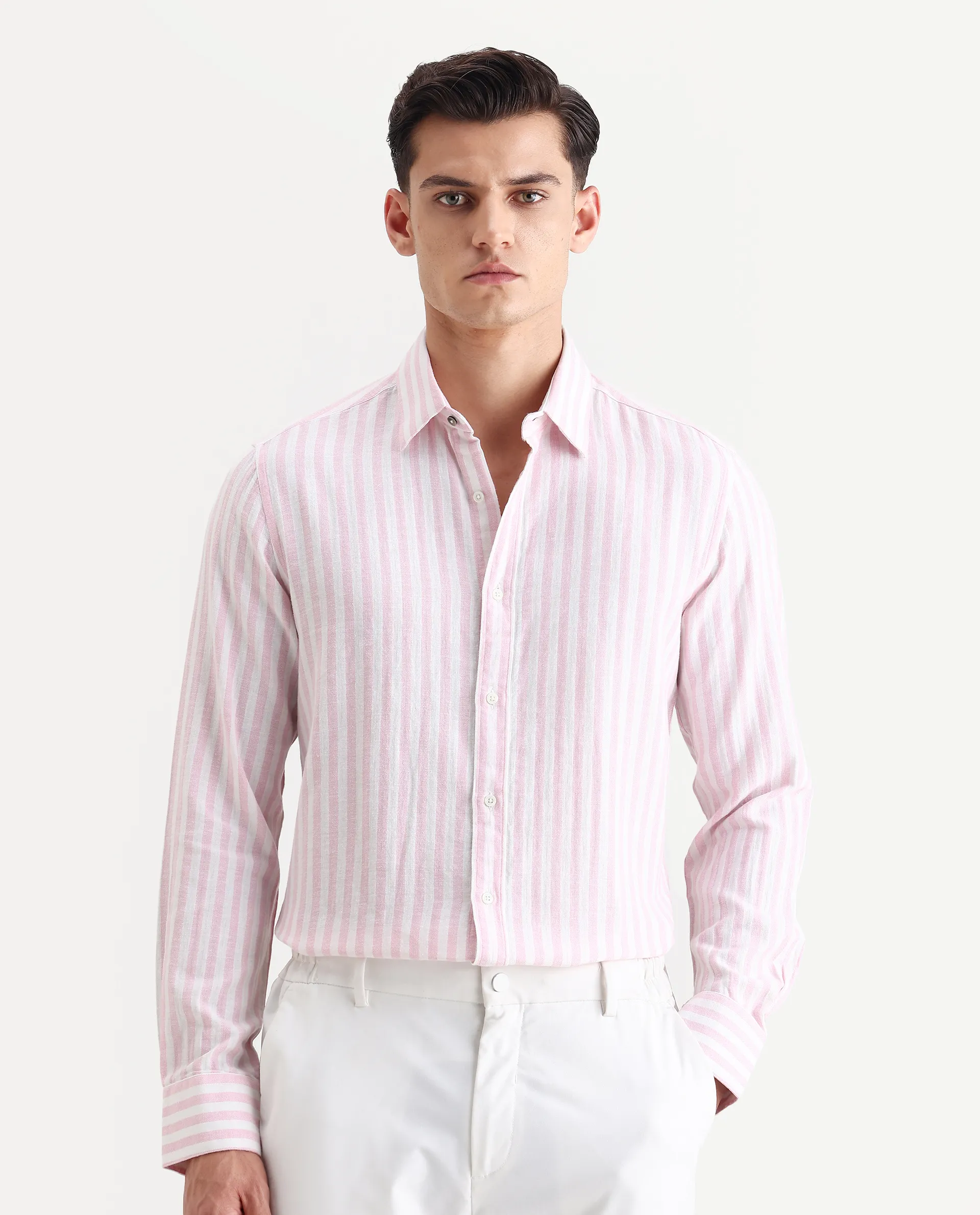 Rare Rabbit Men's Dopple Light Pink Linen Blend Striped Print Regular Fit Full Sleeve Collared Shirt - Image 4