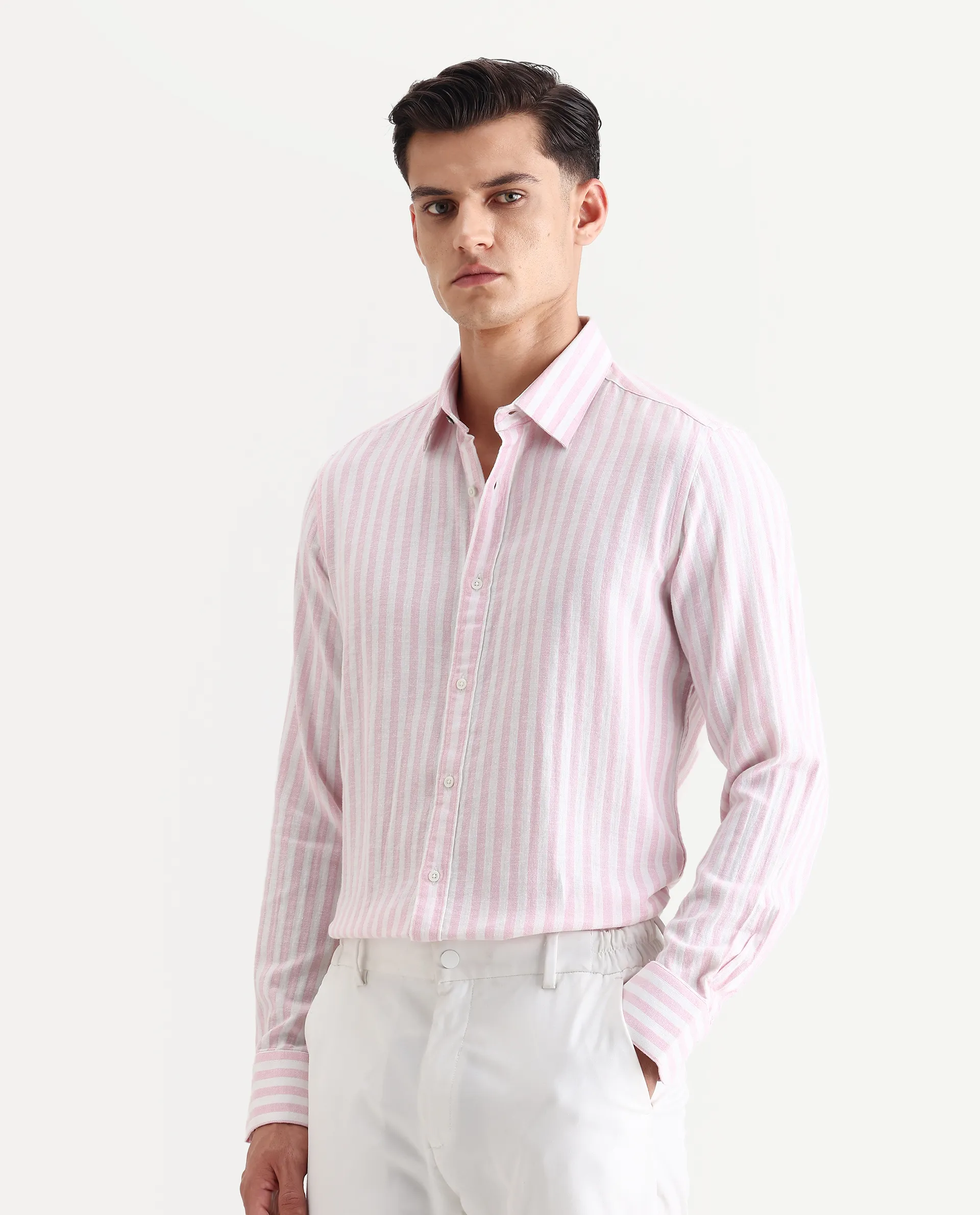 Rare Rabbit Men's Dopple Light Pink Linen Blend Striped Print Regular Fit Full Sleeve Collared Shirt - Image 5