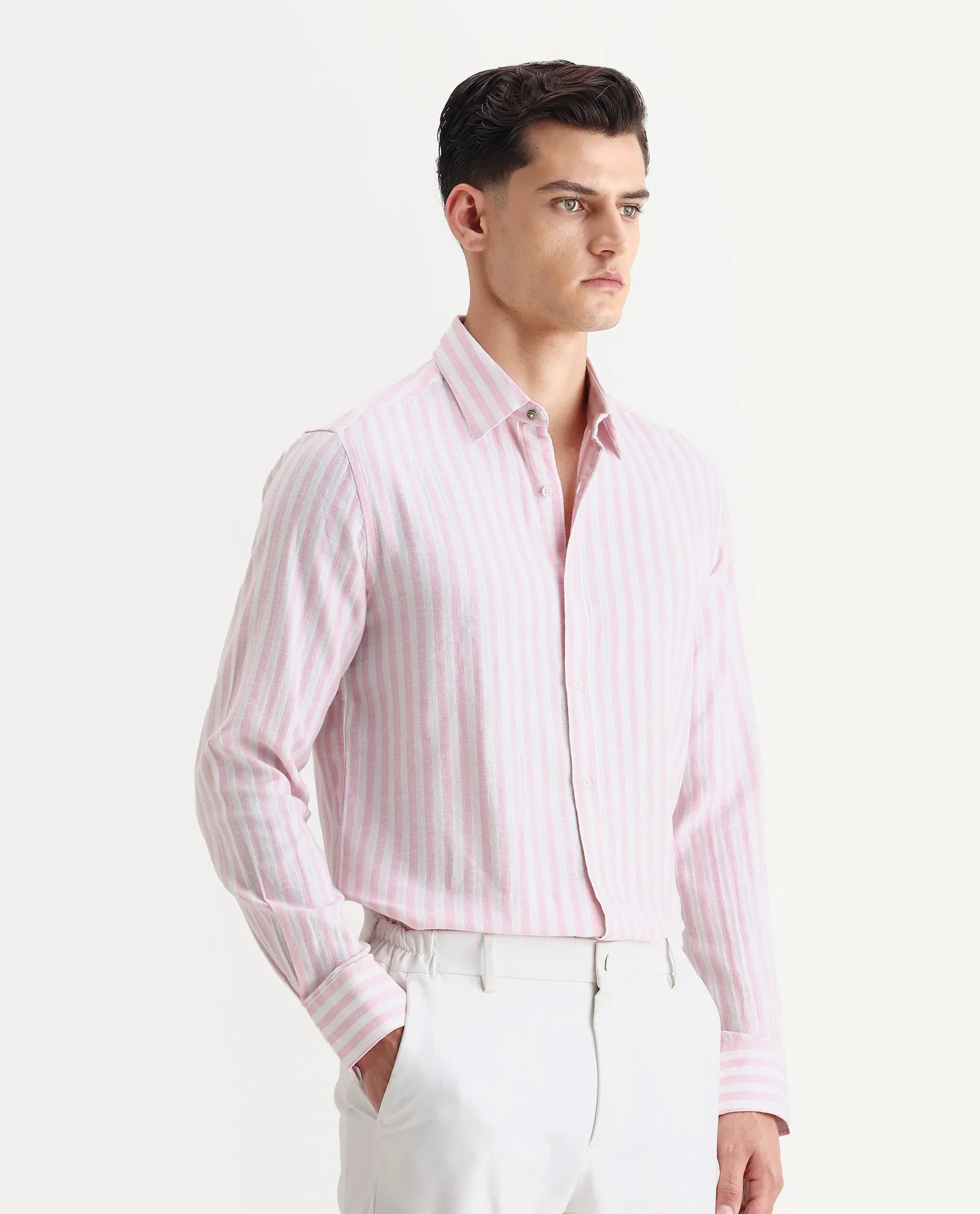 Rare Rabbit Men's Dopple Light Pink Linen Blend Striped Print Regular Fit Full Sleeve Collared Shirt - Image 6