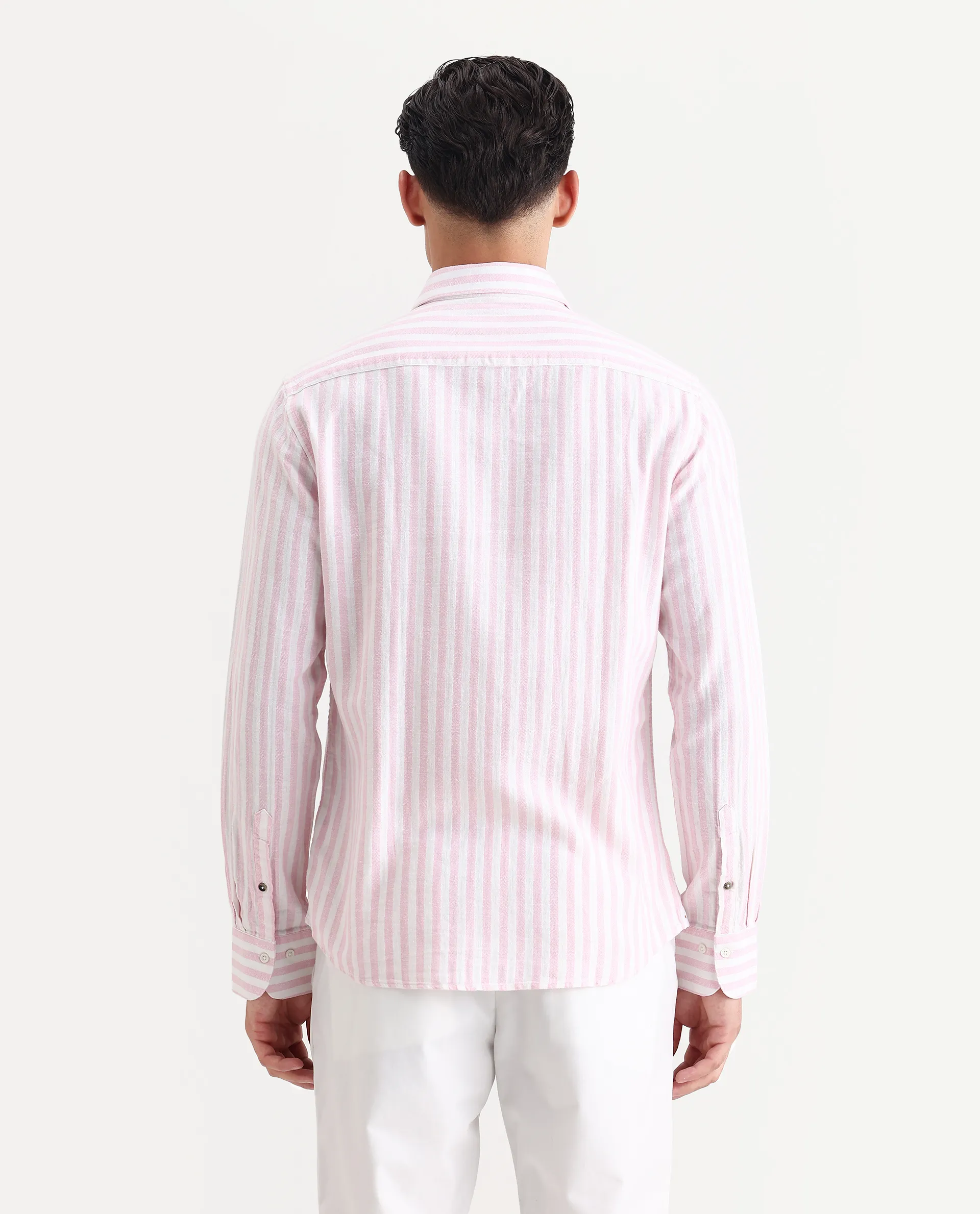Rare Rabbit Men's Dopple Light Pink Linen Blend Striped Print Regular Fit Full Sleeve Collared Shirt - Image 7