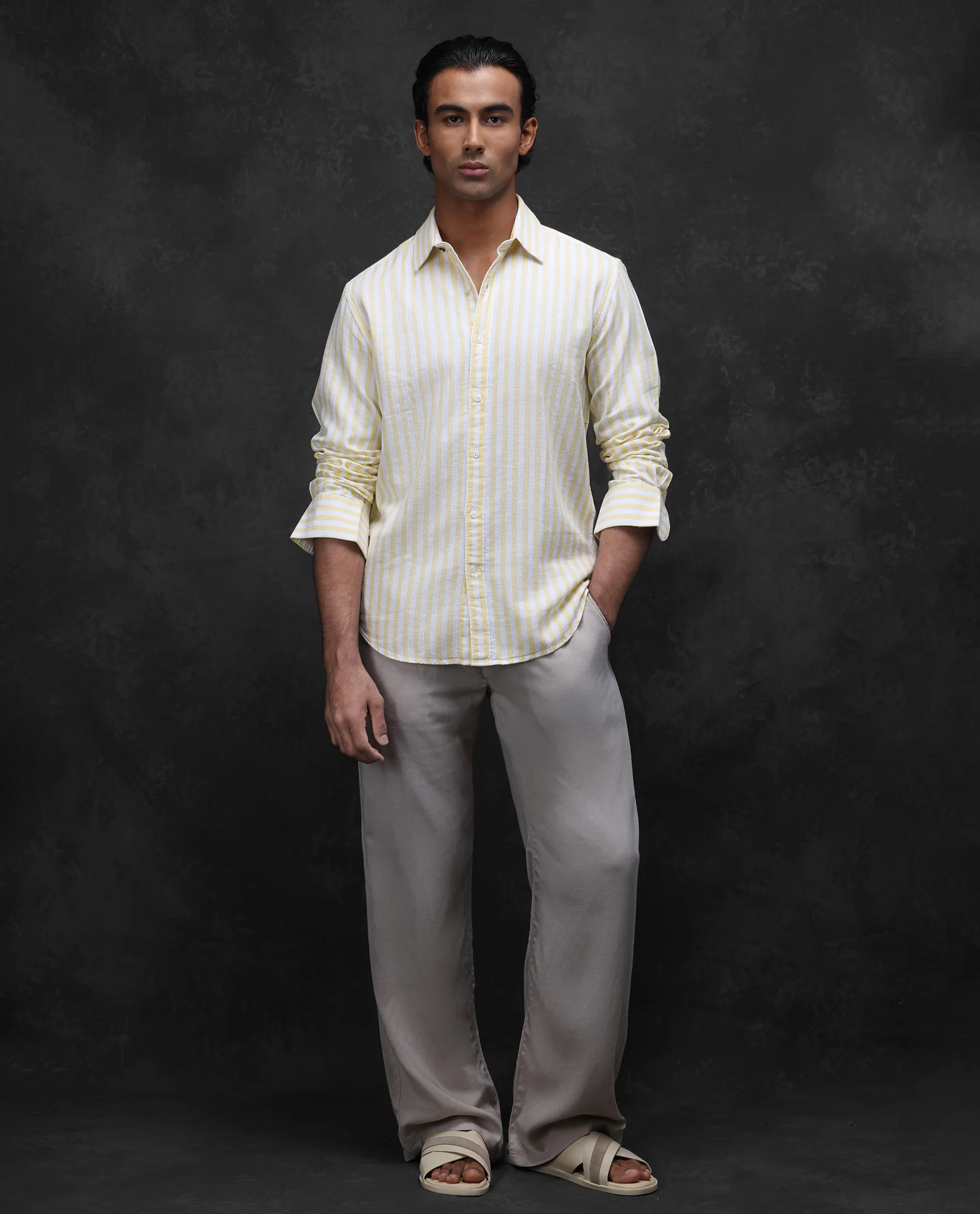 Rare Rabbit Men's Dopple Light Yellow Linen Blend Striped Print Regular Fit Full Sleeve Collared Shirt - Image 3
