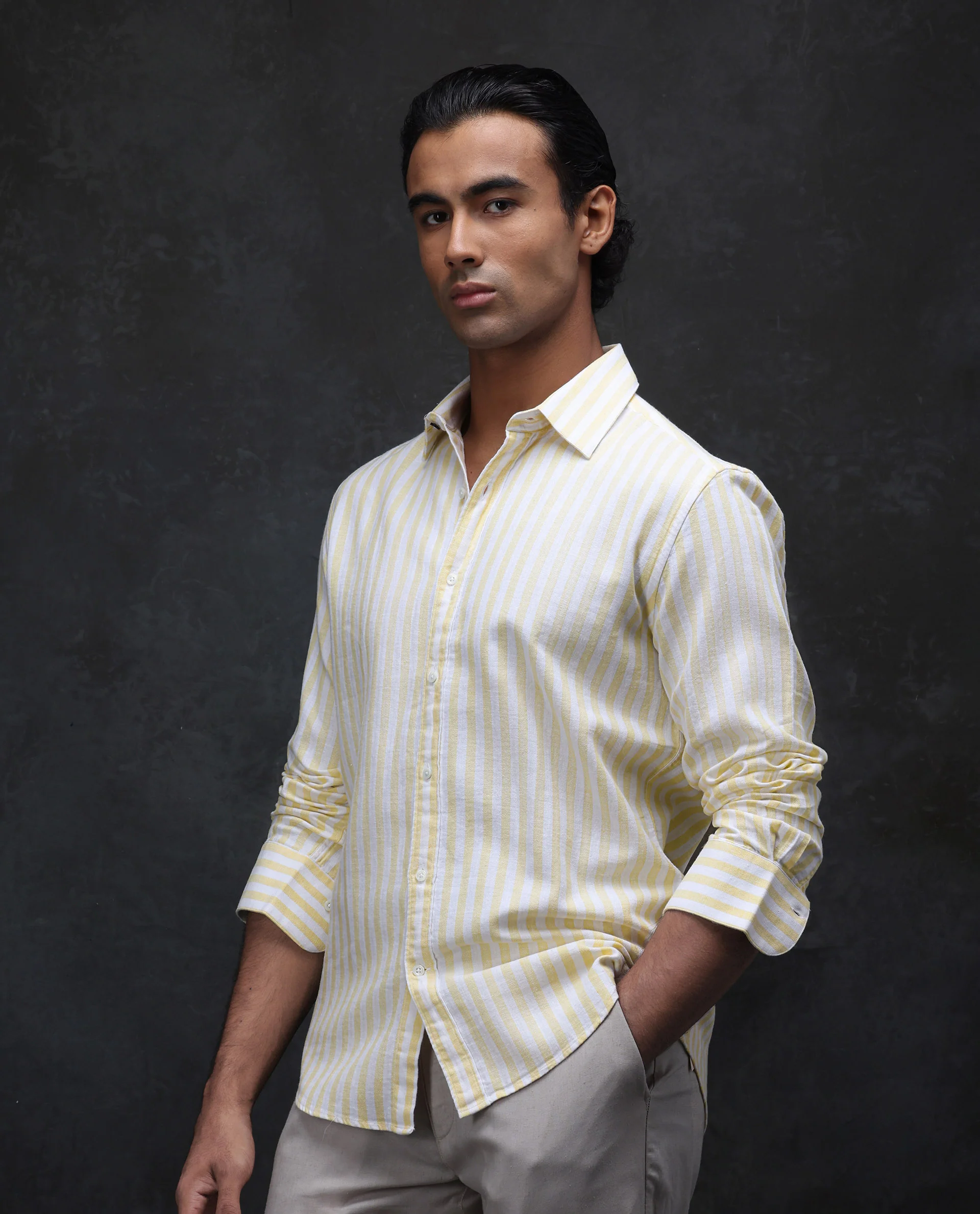 Rare Rabbit Men's Dopple Light Yellow Linen Blend Striped Print Regular Fit Full Sleeve Collared Shirt - Image 4