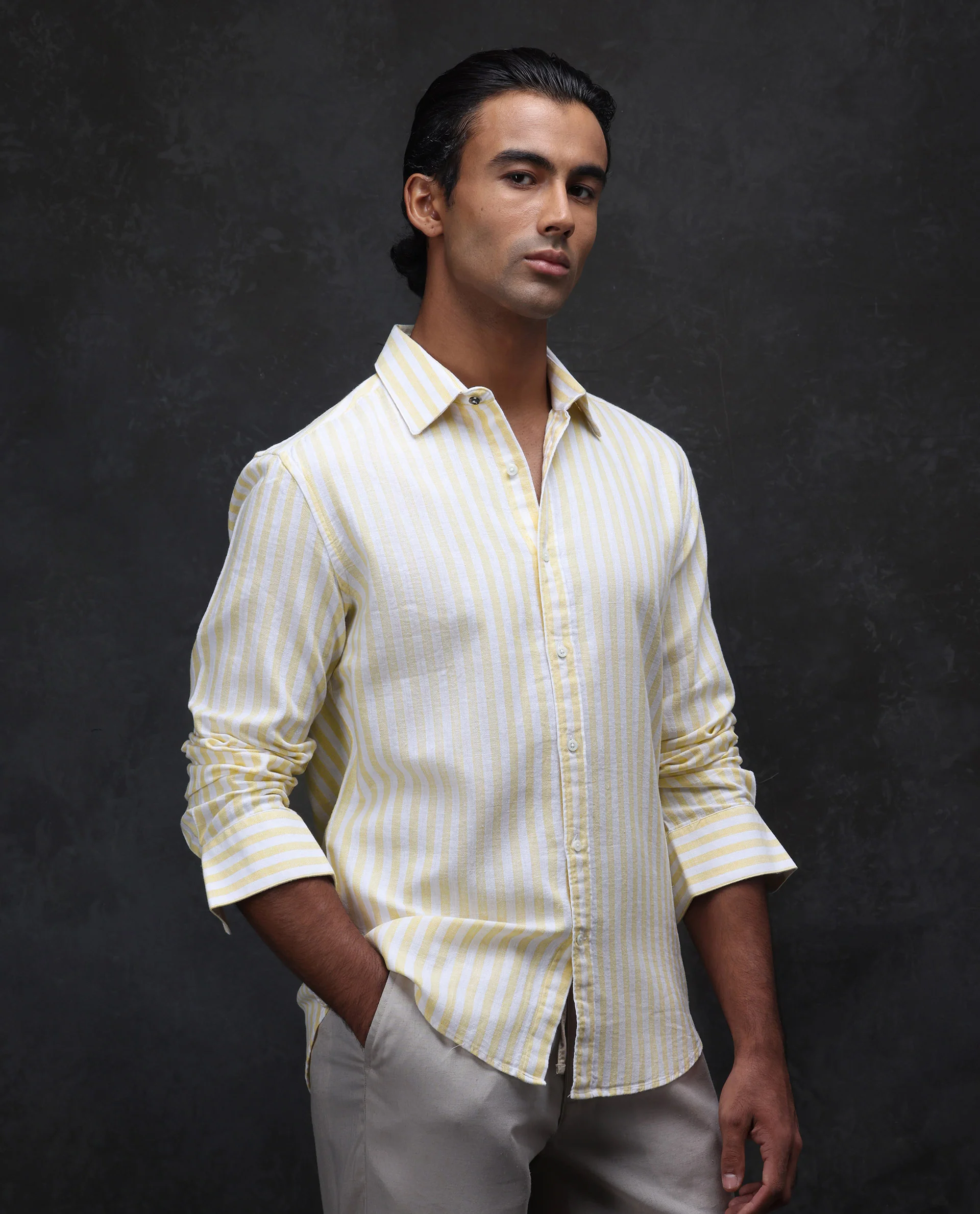 Rare Rabbit Men's Dopple Light Yellow Linen Blend Striped Print Regular Fit Full Sleeve Collared Shirt - Image 5