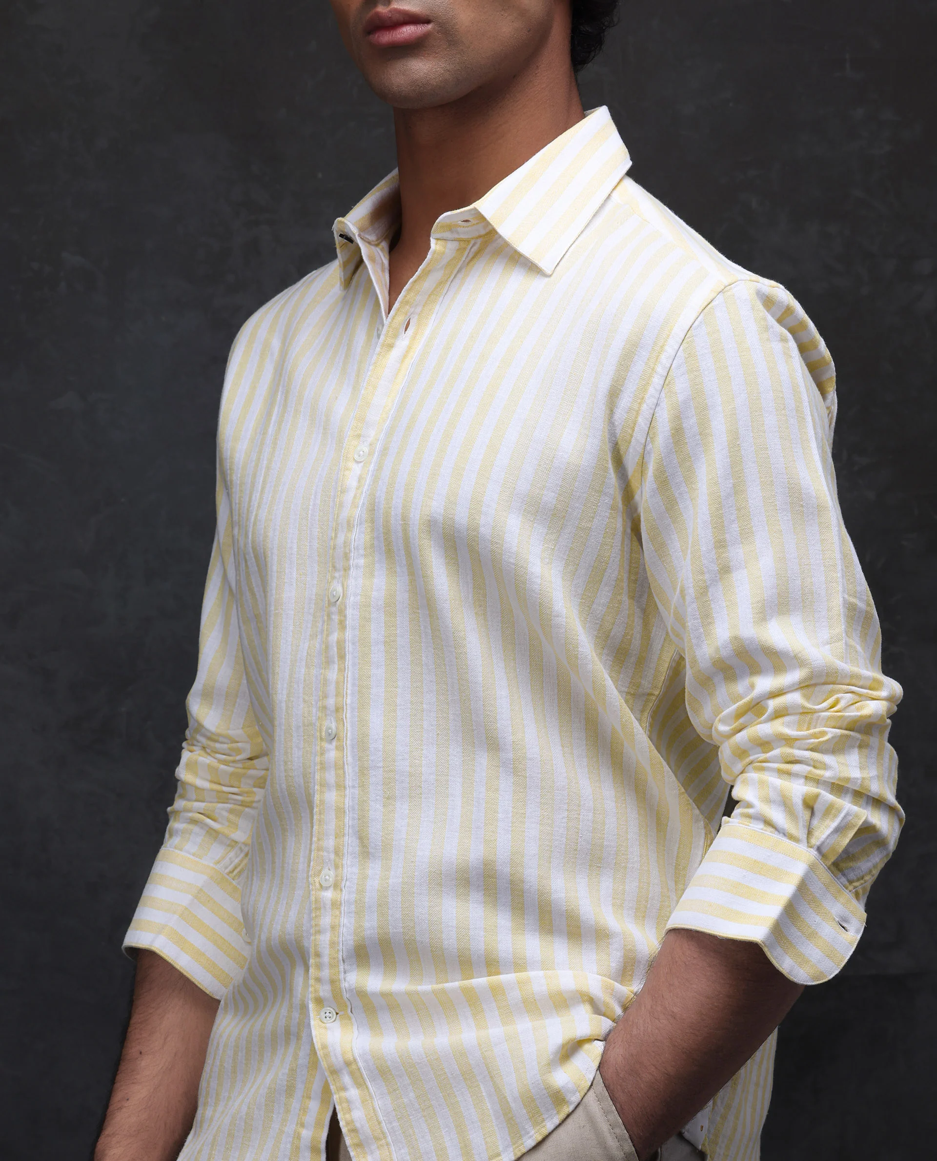 Rare Rabbit Men's Dopple Light Yellow Linen Blend Striped Print Regular Fit Full Sleeve Collared Shirt - Image 6