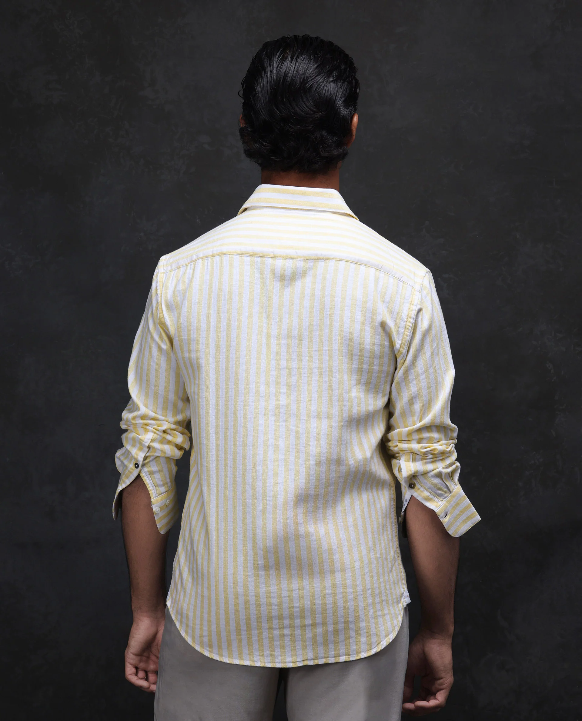 Rare Rabbit Men's Dopple Light Yellow Linen Blend Striped Print Regular Fit Full Sleeve Collared Shirt - Image 7