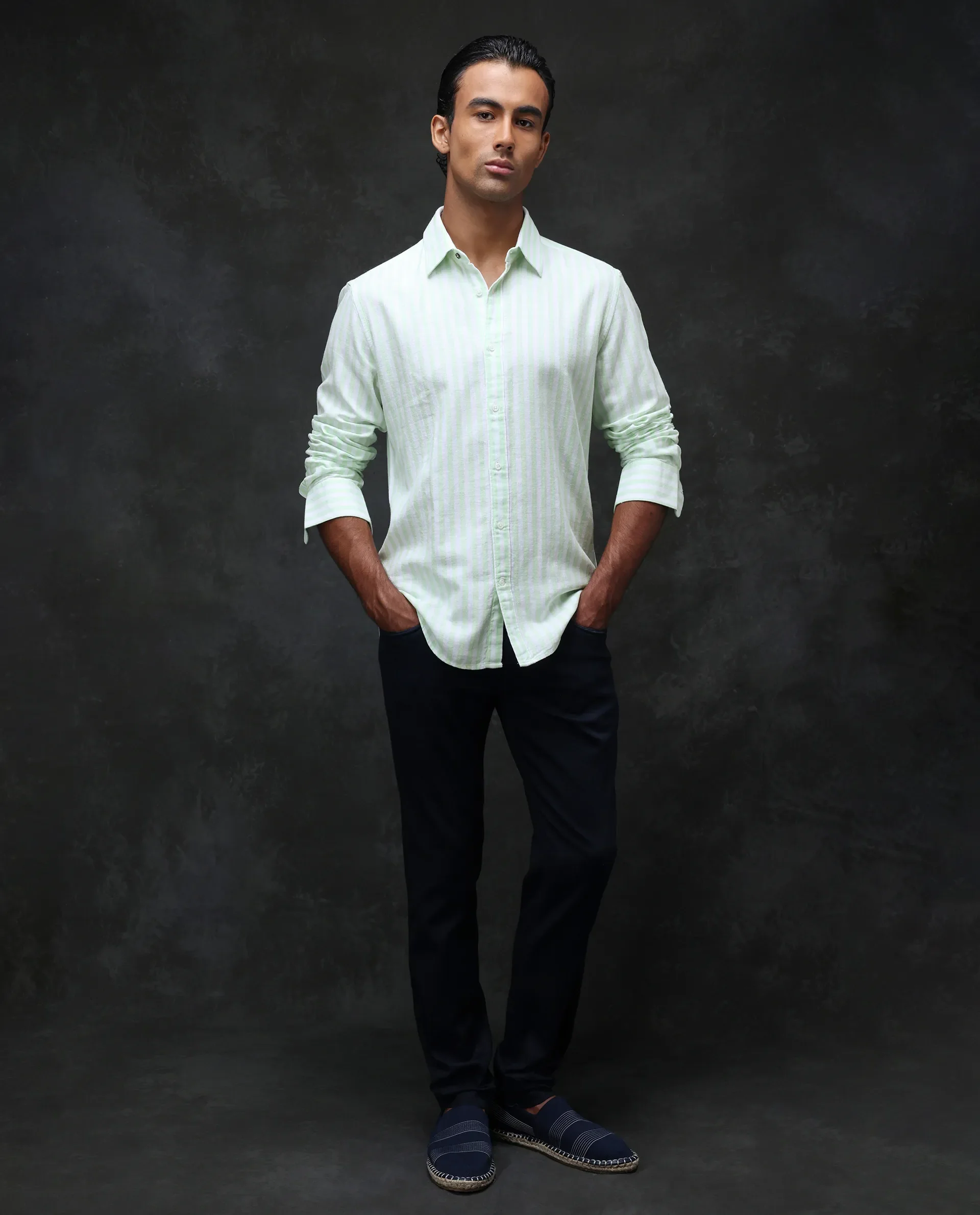 Rare Rabbit Men's Dopple Pastel Green Linen Blend Striped Print Regular Fit Full Sleeve Collared Shirt - Image 2