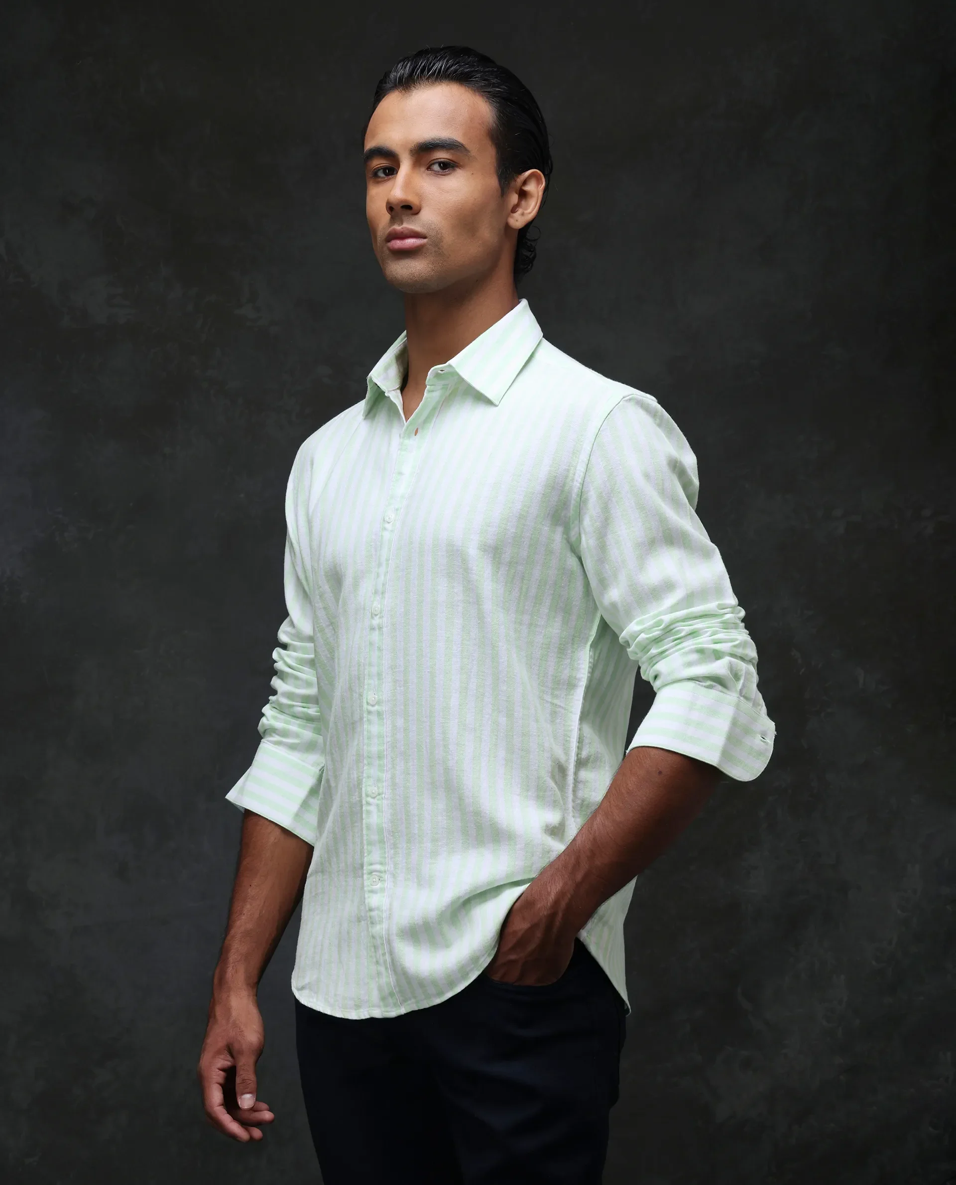 Rare Rabbit Men's Dopple Pastel Green Linen Blend Striped Print Regular Fit Full Sleeve Collared Shirt - Image 3