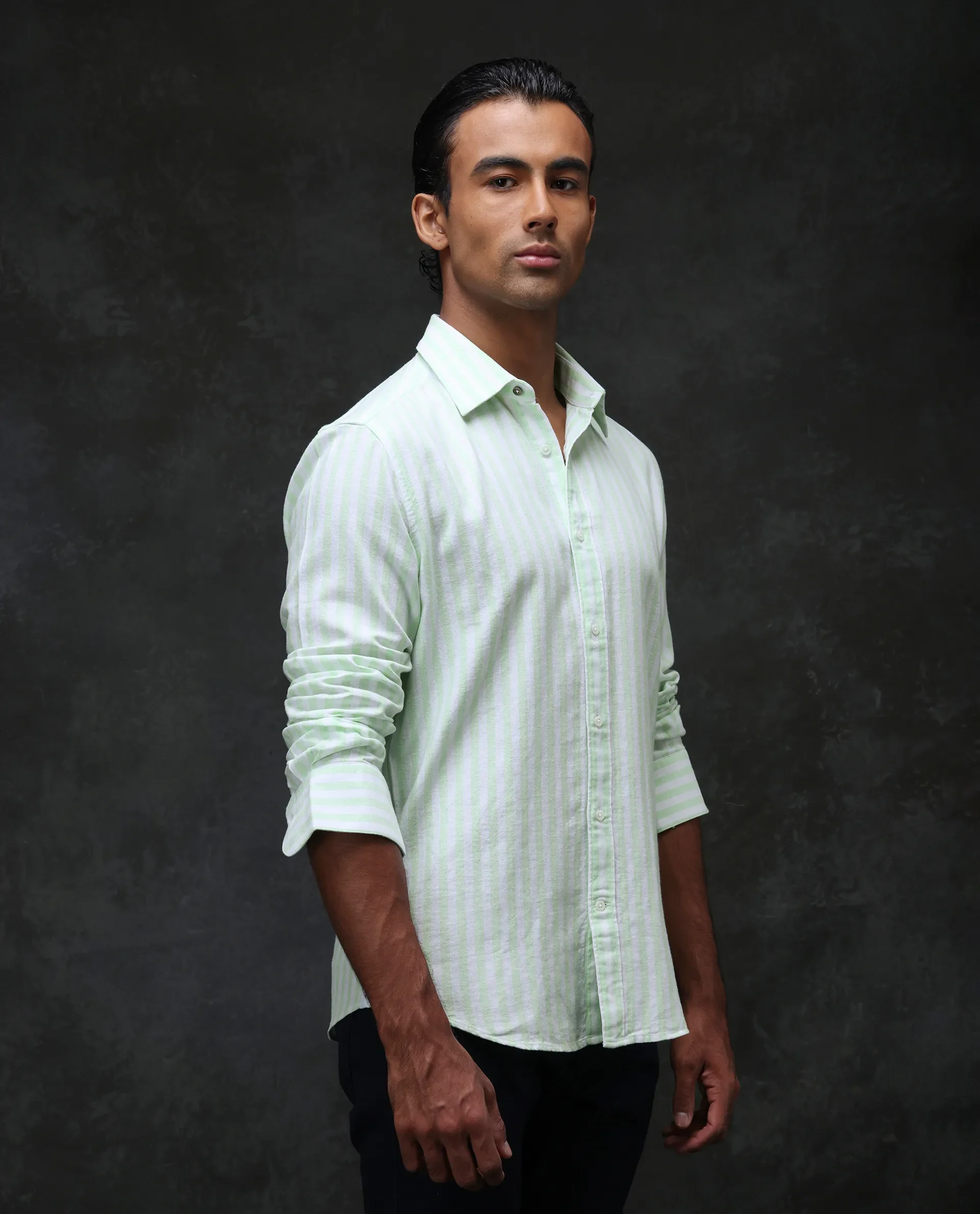 Rare Rabbit Men's Dopple Pastel Green Linen Blend Striped Print Regular Fit Full Sleeve Collared Shirt - Image 4