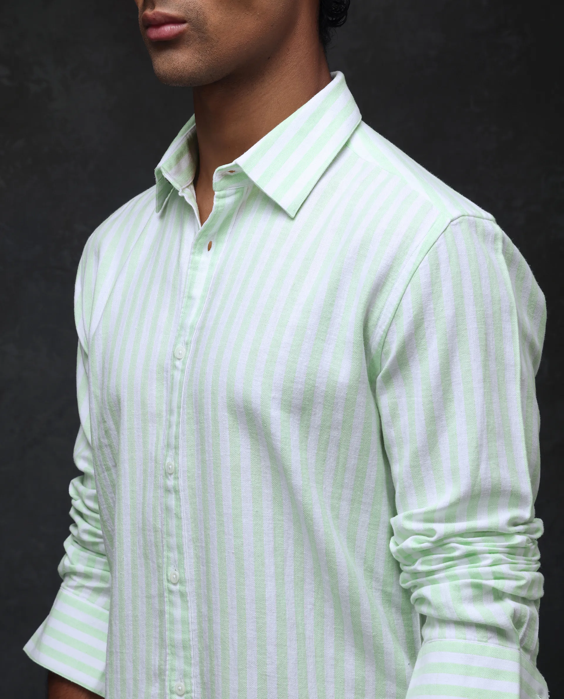 Rare Rabbit Men's Dopple Pastel Green Linen Blend Striped Print Regular Fit Full Sleeve Collared Shirt - Image 5