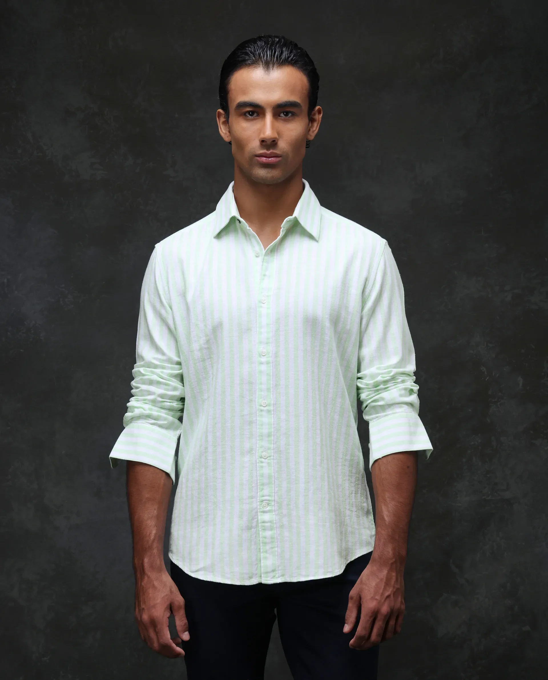 Rare Rabbit Men's Dopple Pastel Green Linen Blend Striped Print Regular Fit Full Sleeve Collared Shirt - Image 7