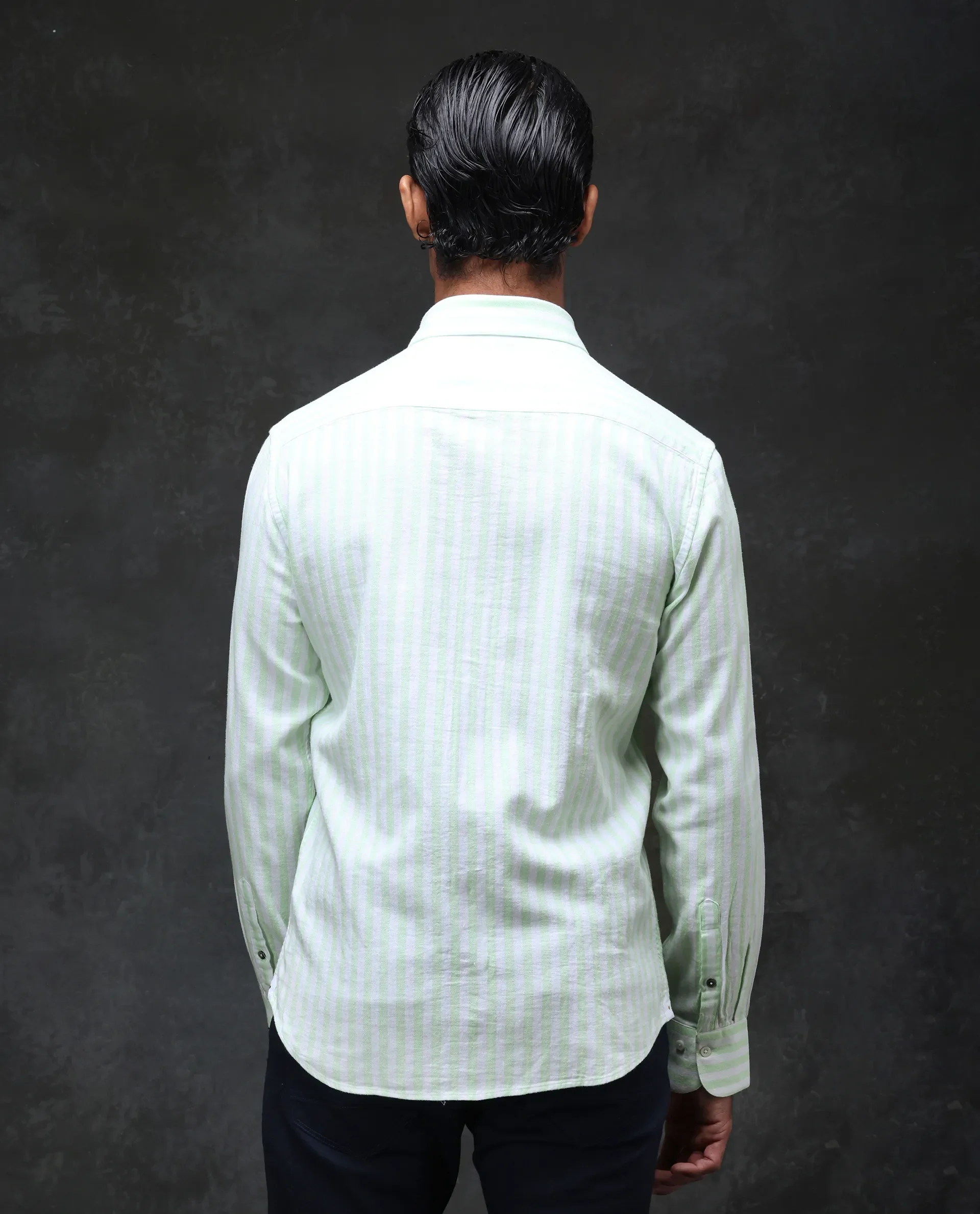 Rare Rabbit Men's Dopple Pastel Green Linen Blend Striped Print Regular Fit Full Sleeve Collared Shirt - Image 8