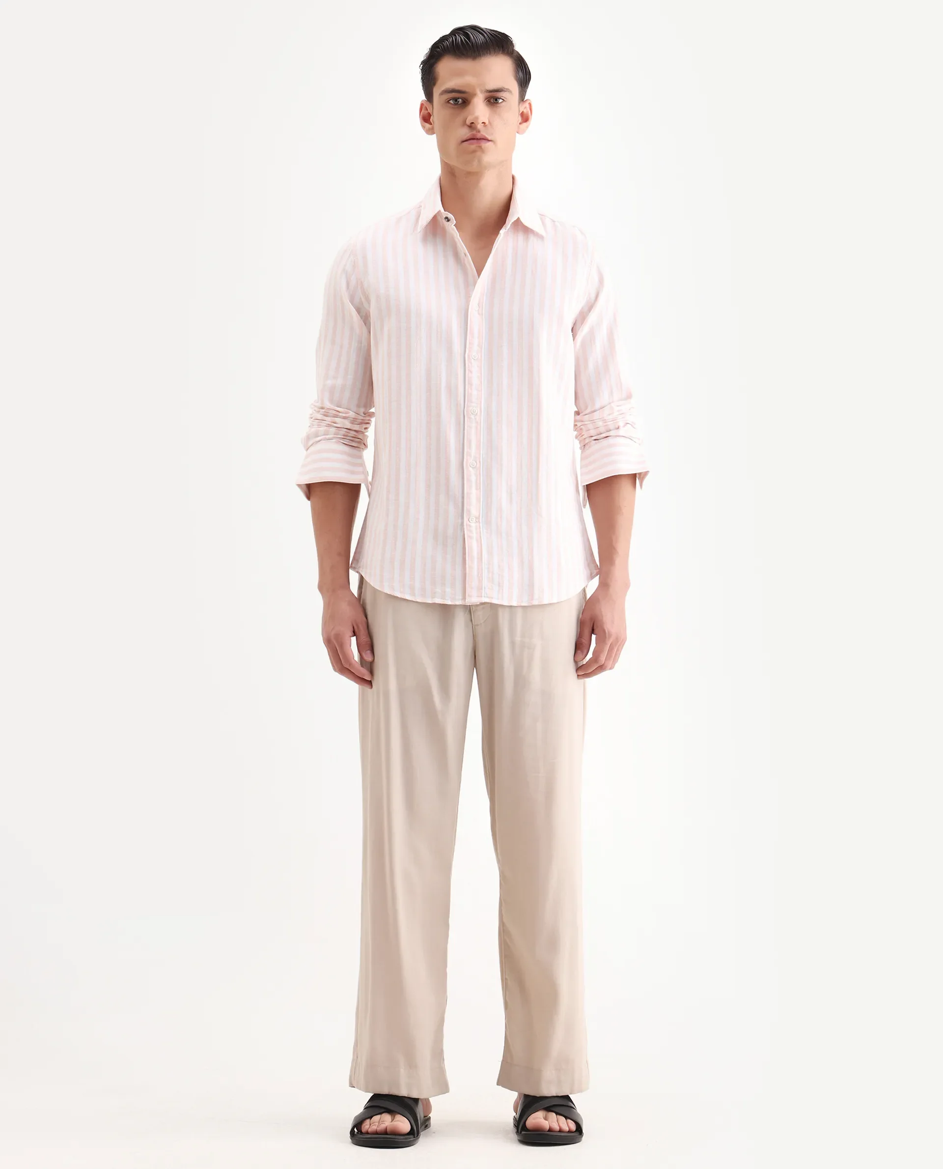 Rare Rabbit Men's Dopple Pastel Peach Linen Blend Striped Print Regular Fit Full Sleeve Collared Shirt - Image 2