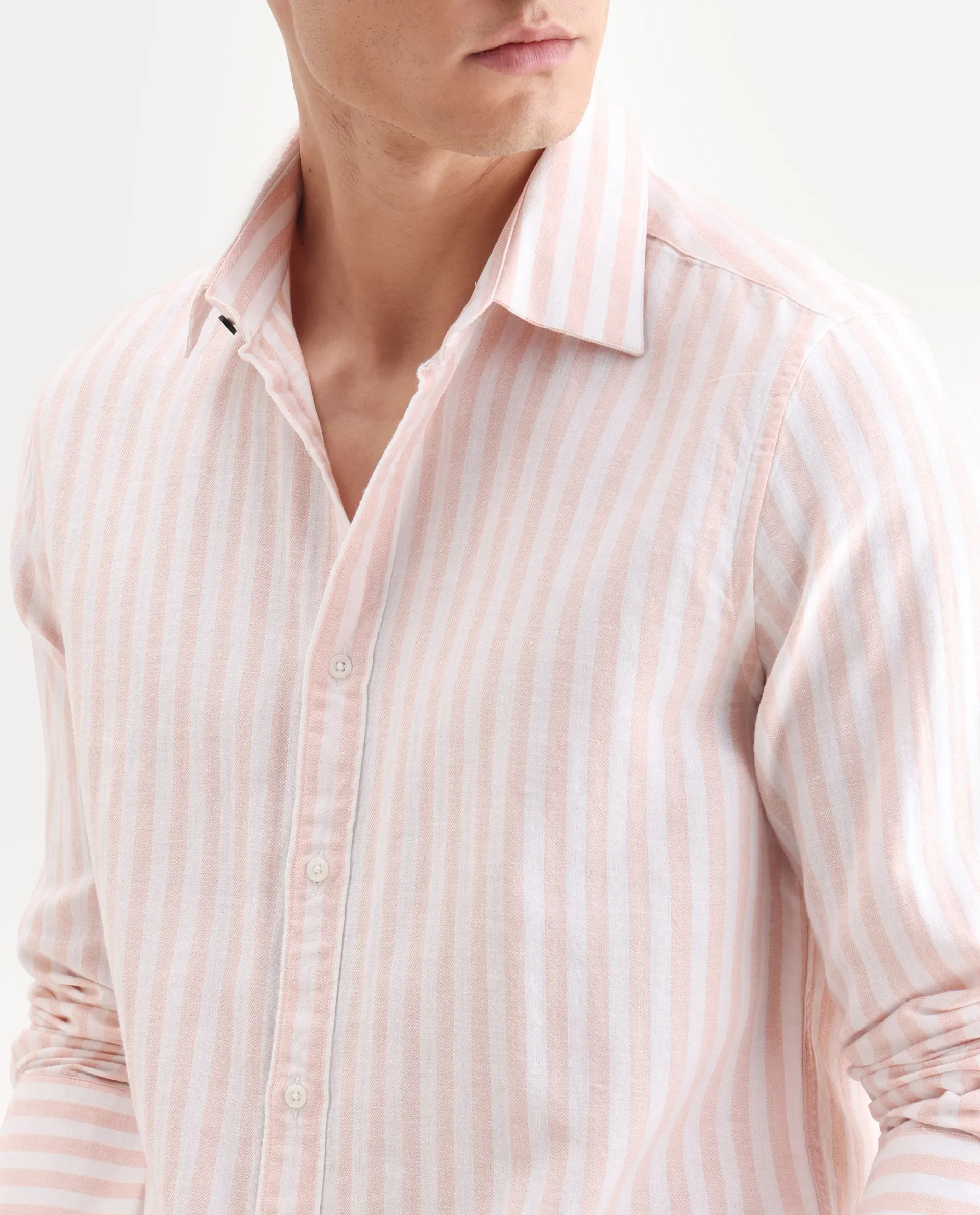 Rare Rabbit Men's Dopple Pastel Peach Linen Blend Striped Print Regular Fit Full Sleeve Collared Shirt - Image 3
