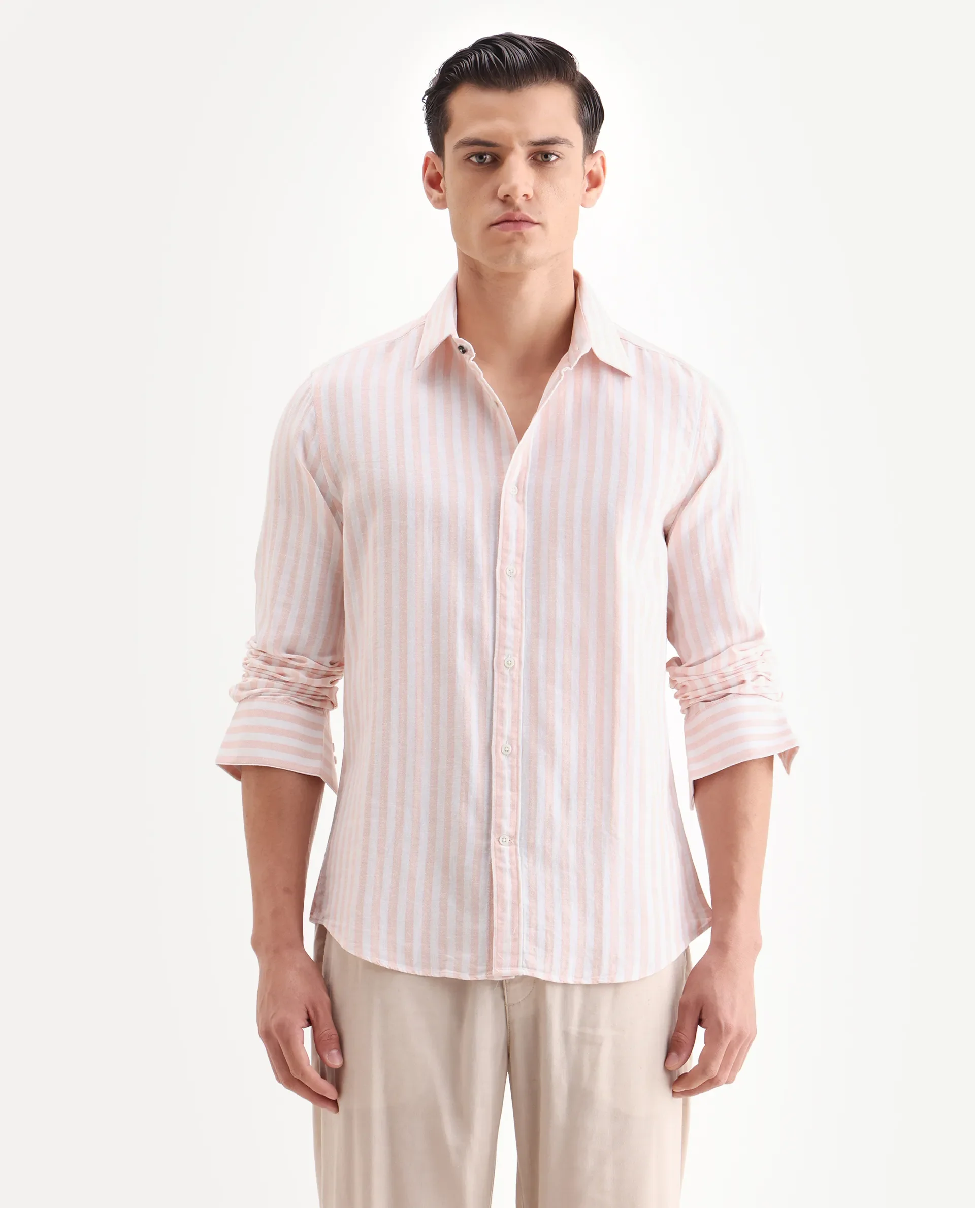 Rare Rabbit Men's Dopple Pastel Peach Linen Blend Striped Print Regular Fit Full Sleeve Collared Shirt - Image 4
