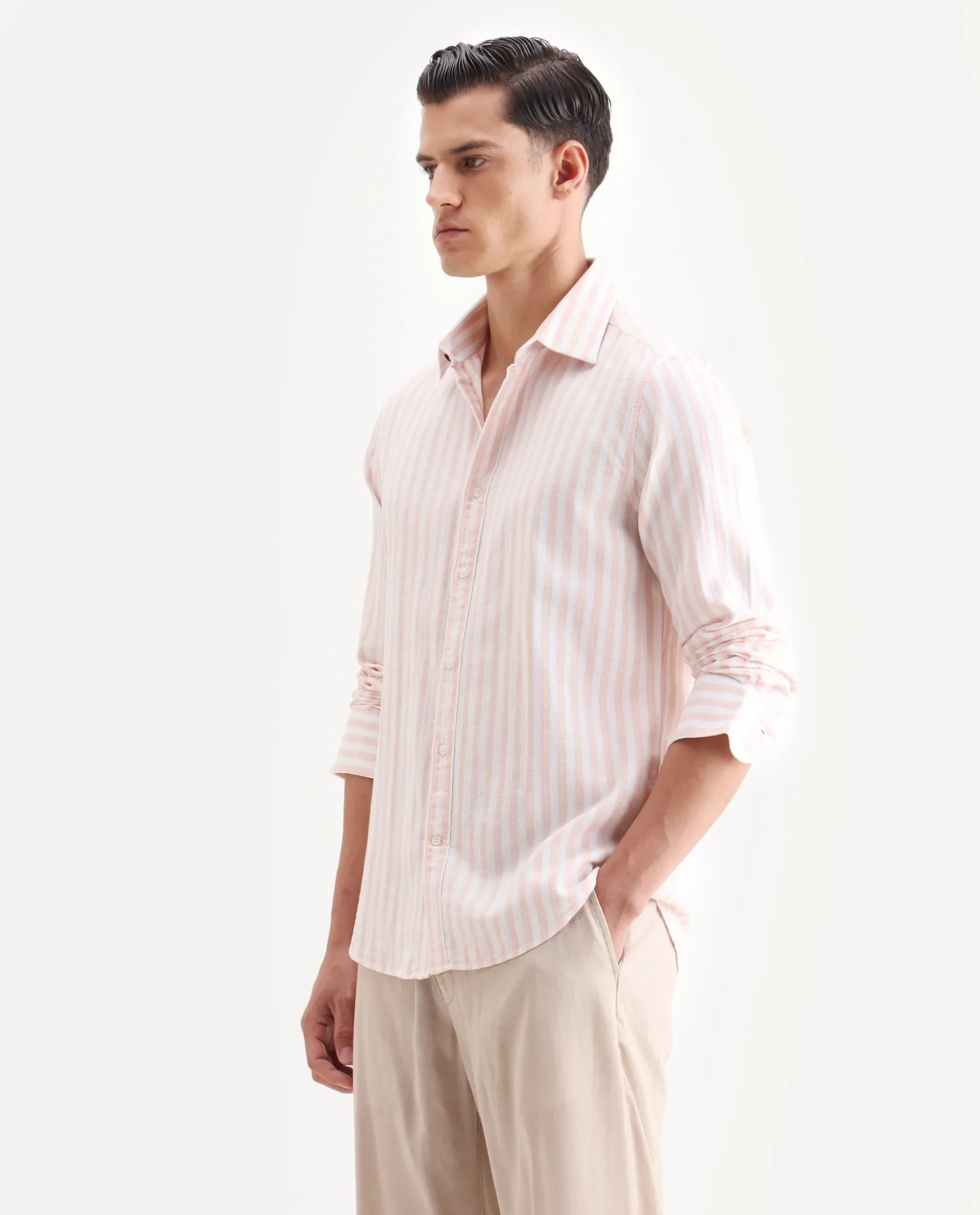 Rare Rabbit Men's Dopple Pastel Peach Linen Blend Striped Print Regular Fit Full Sleeve Collared Shirt - Image 5