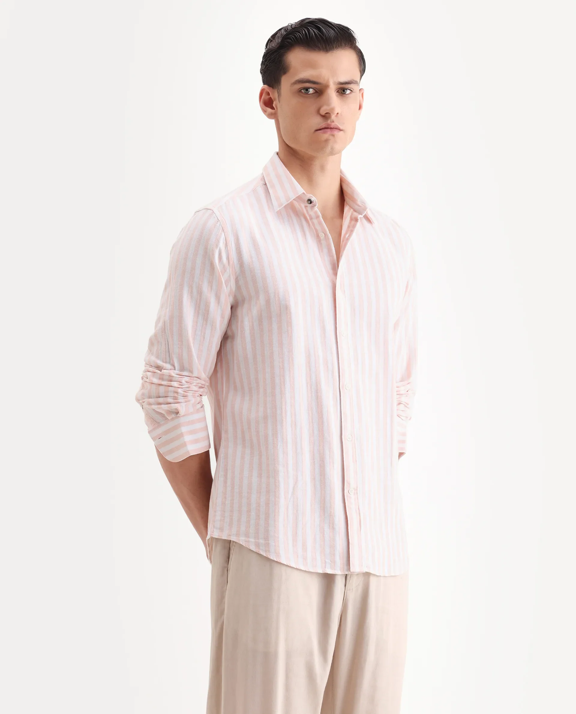 Rare Rabbit Men's Dopple Pastel Peach Linen Blend Striped Print Regular Fit Full Sleeve Collared Shirt - Image 6