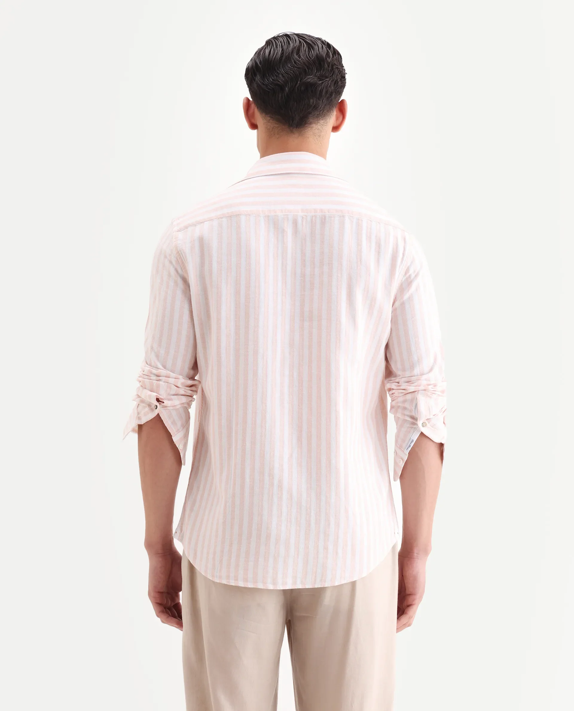 Rare Rabbit Men's Dopple Pastel Peach Linen Blend Striped Print Regular Fit Full Sleeve Collared Shirt - Image 7