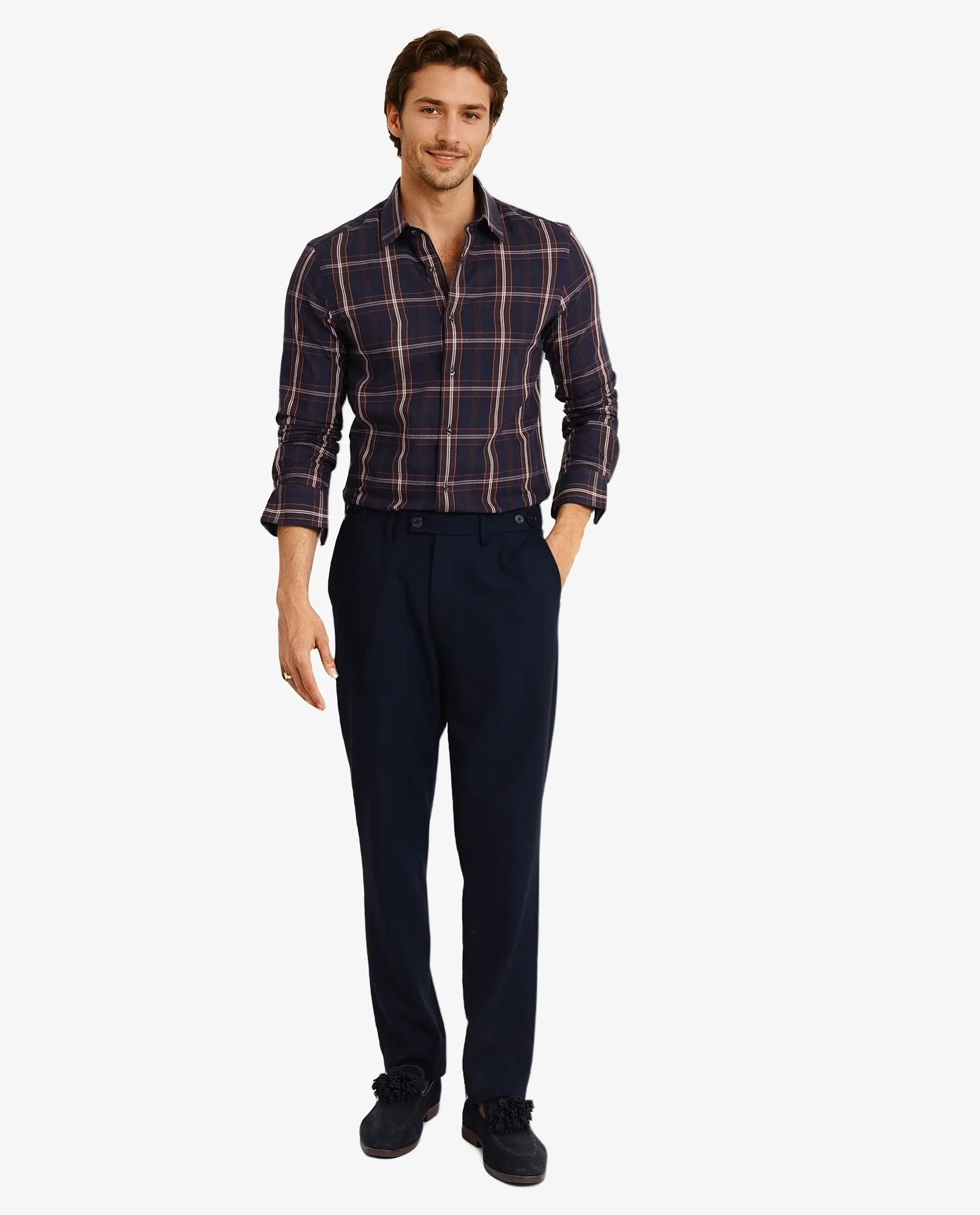Rare Rabbit Men's Dor Navy Cotton Checked Print Regular Fit Full Sleeve Collared Shirt - Image 2