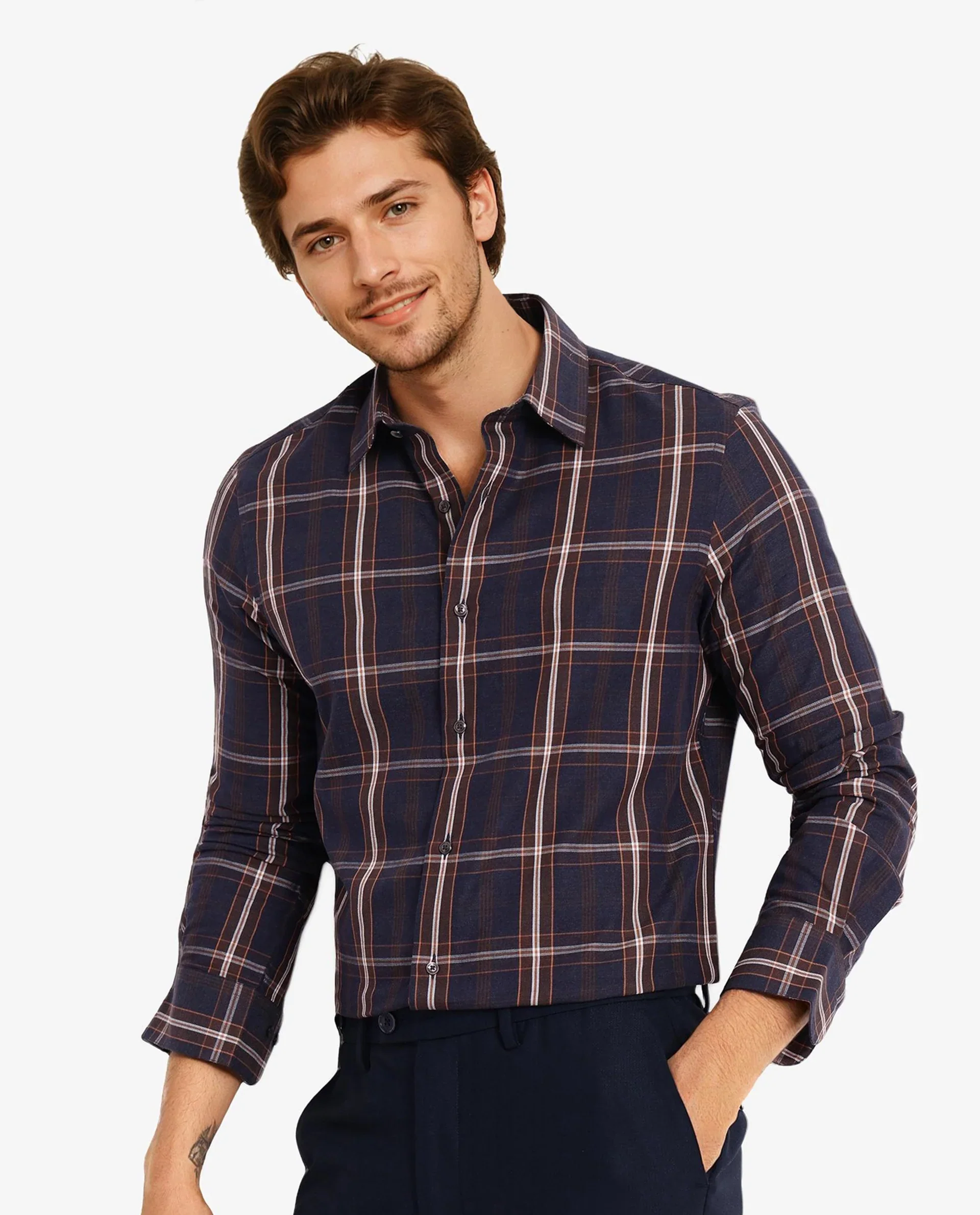 Rare Rabbit Men's Dor Navy Cotton Checked Print Regular Fit Full Sleeve Collared Shirt - Image 5