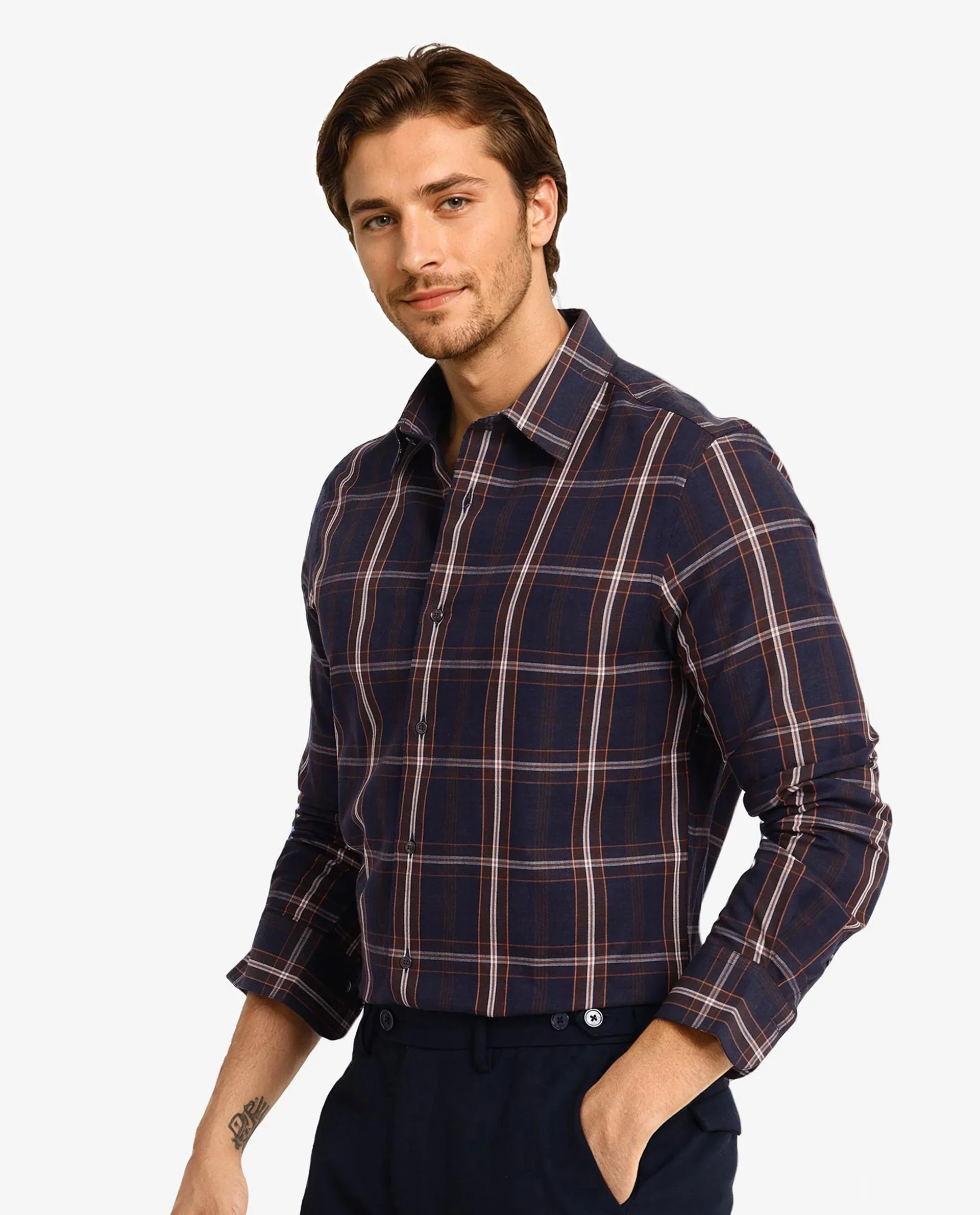 Rare Rabbit Men's Dor Navy Cotton Checked Print Regular Fit Full Sleeve Collared Shirt - Image 7