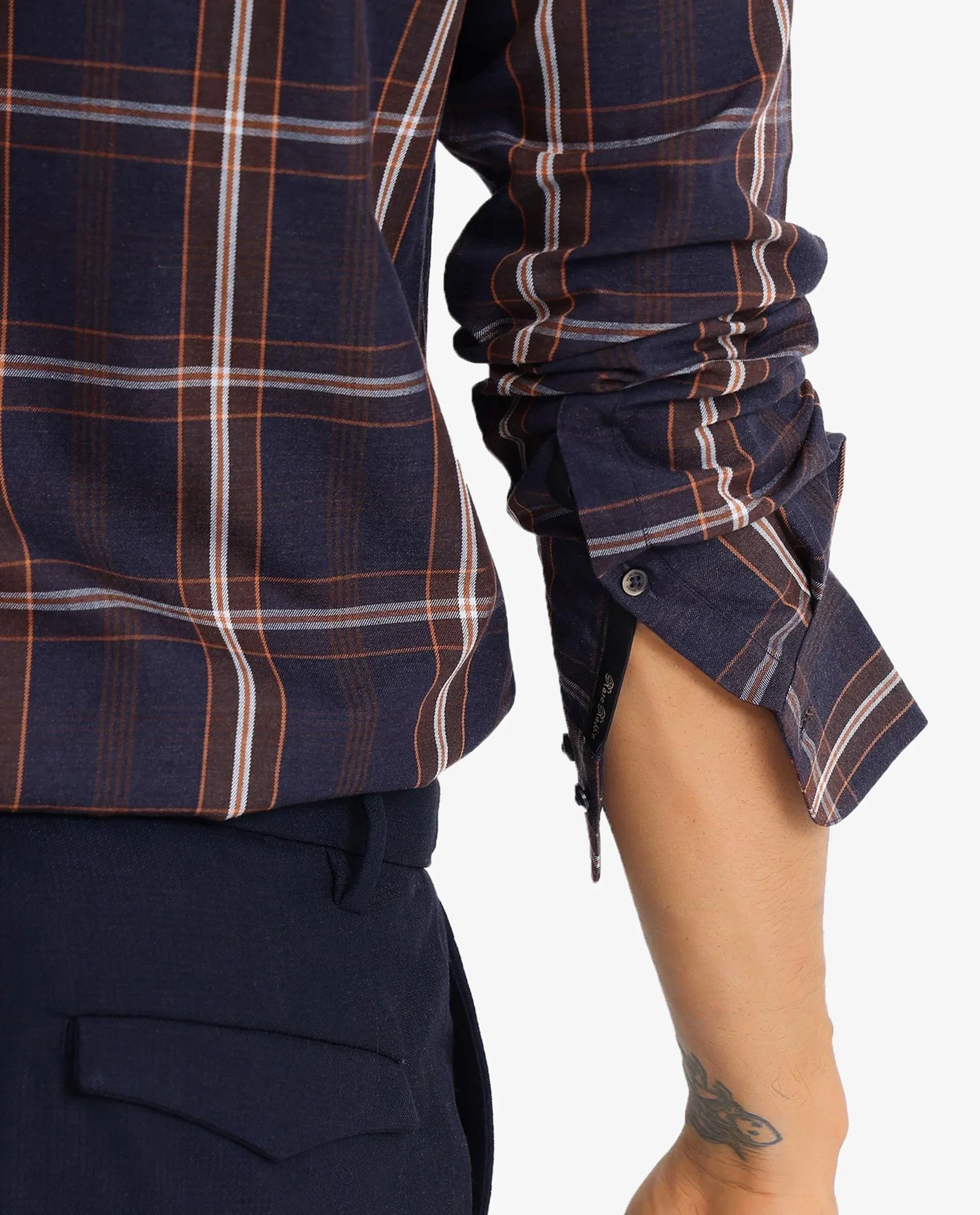 Rare Rabbit Men's Dor Navy Cotton Checked Print Regular Fit Full Sleeve Collared Shirt - Image 8