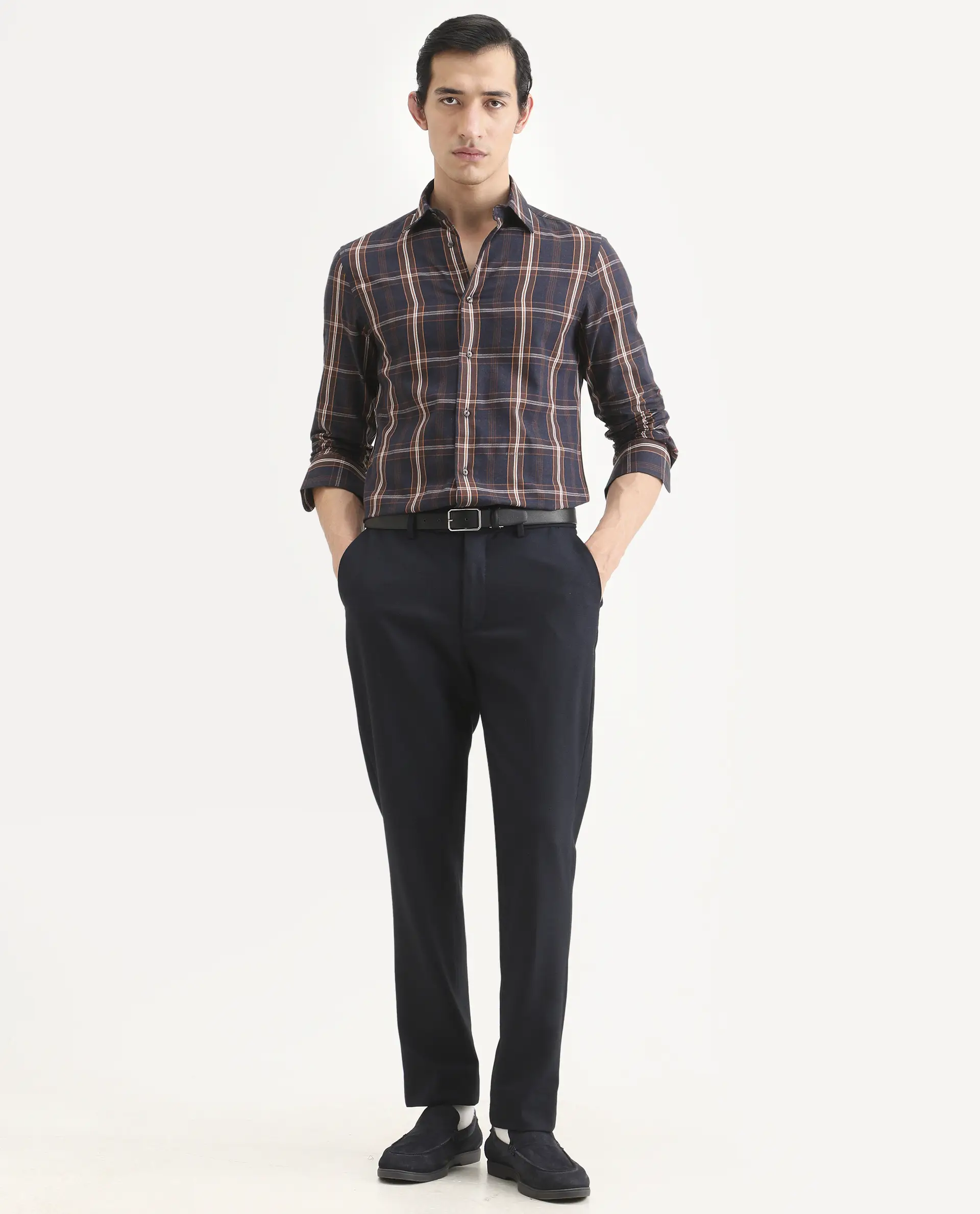 Rare Rabbit Men's Dor-S26 Navy Cotton Fabric Full Sleeve Spread Collar Regular Fit Checked Shirt - Image 2