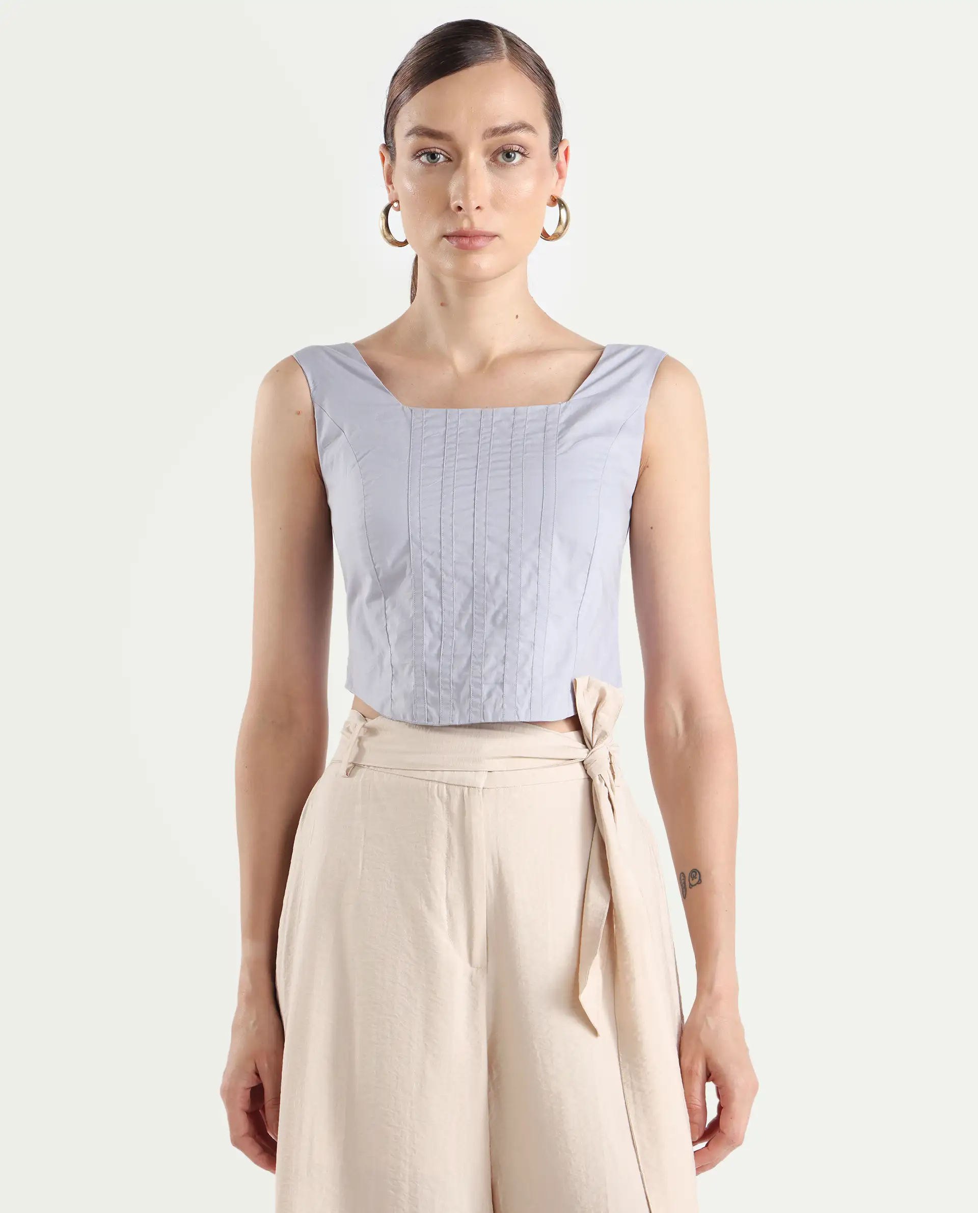 Rareism Women's Dordo Light Blue Cotton Square Neck Dyed Sleeveless Crop Fitted Top - Image 3