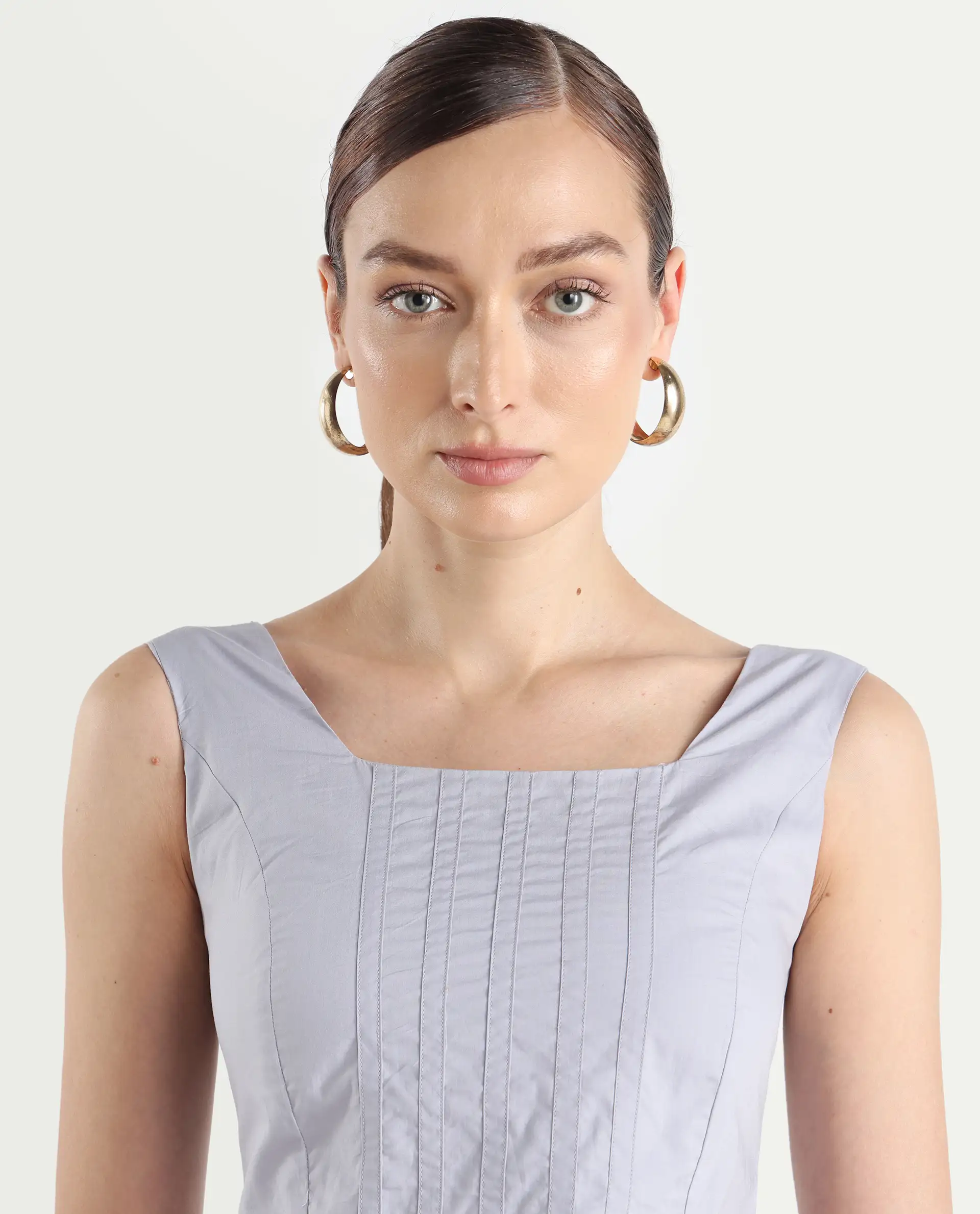 Rareism Women's Dordo Light Blue Cotton Square Neck Dyed Sleeveless Crop Fitted Top - Image 4