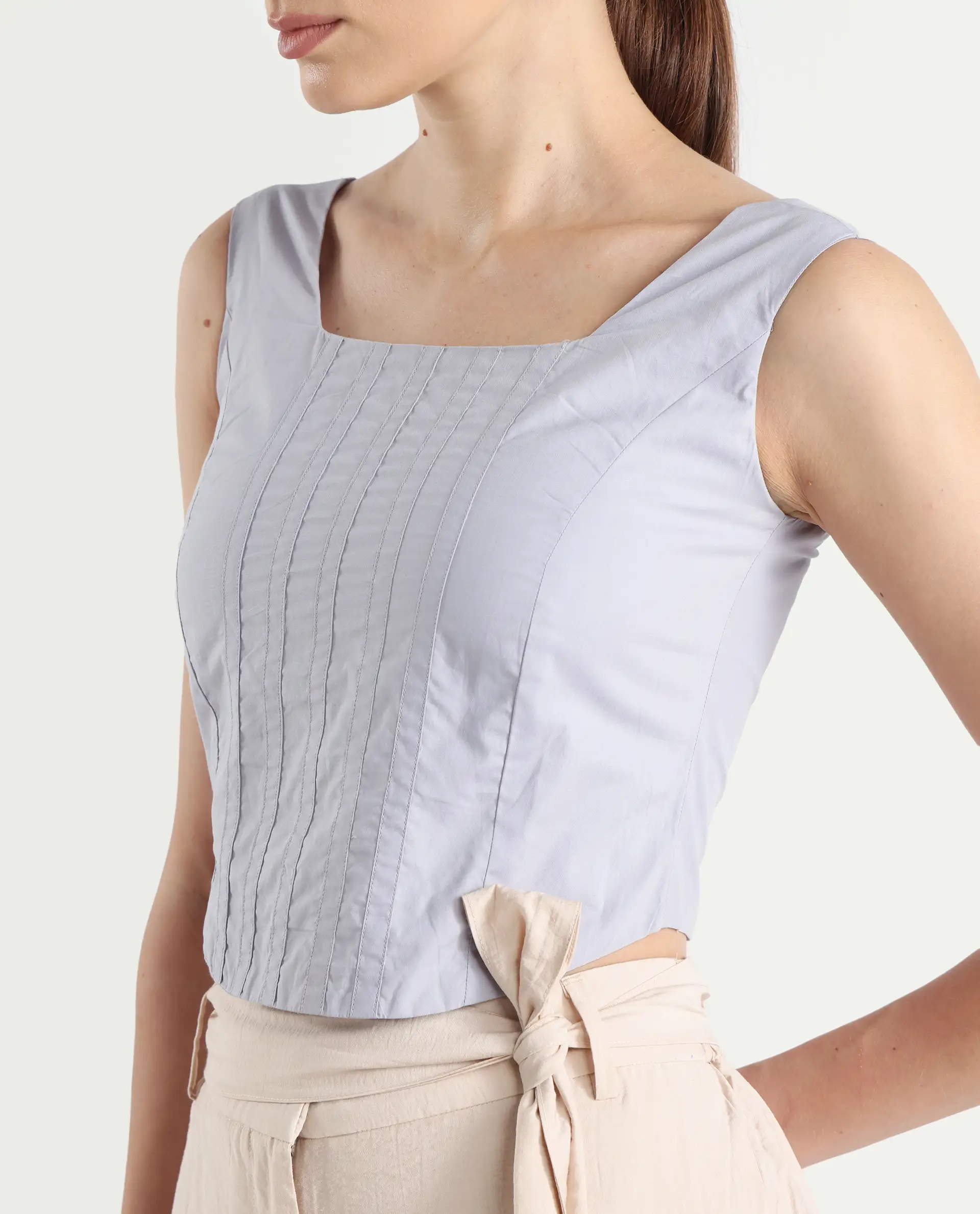 Rareism Women's Dordo Light Blue Cotton Square Neck Dyed Sleeveless Crop Fitted Top - Image 5