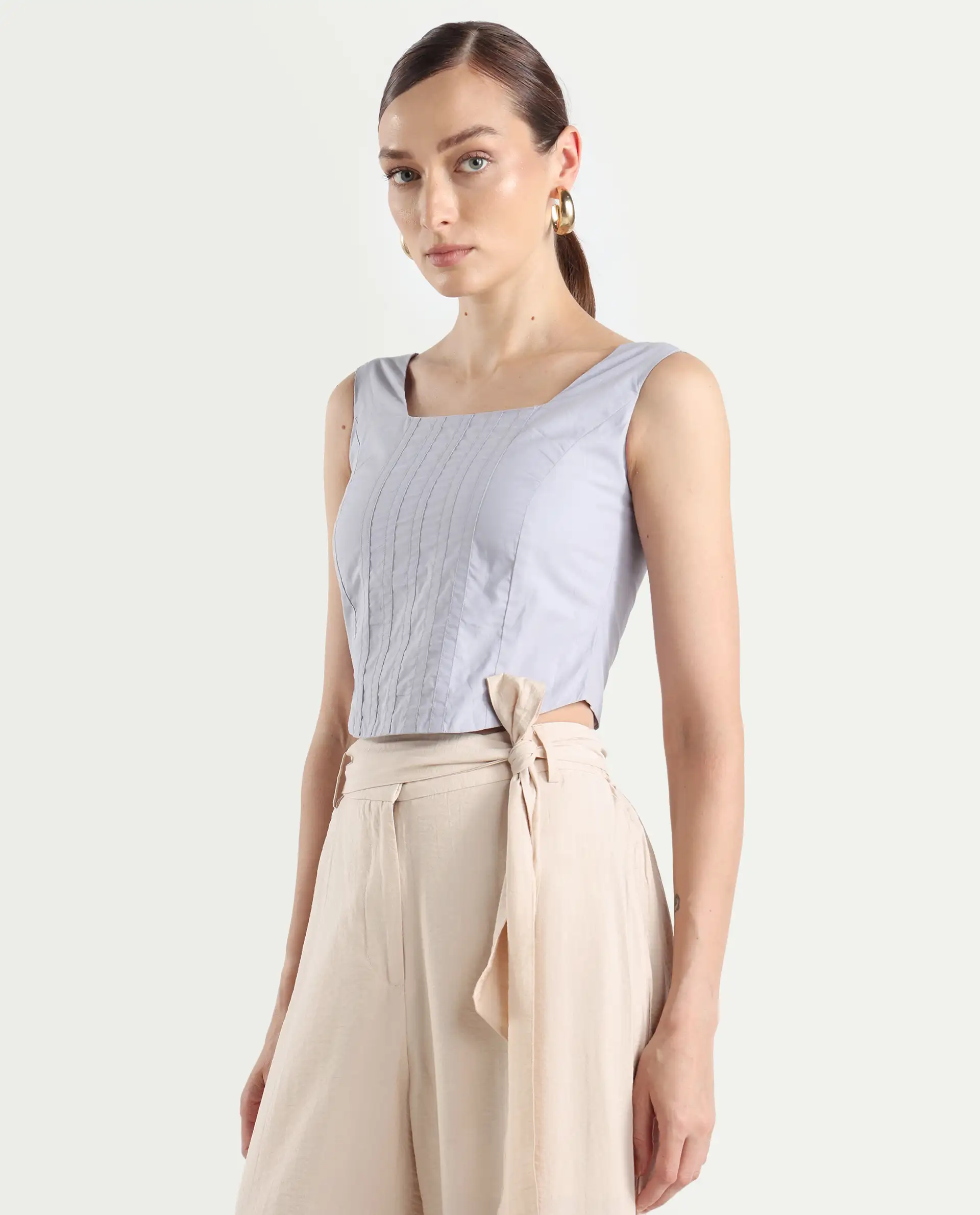 Rareism Women's Dordo Light Blue Cotton Square Neck Dyed Sleeveless Crop Fitted Top - Image 6