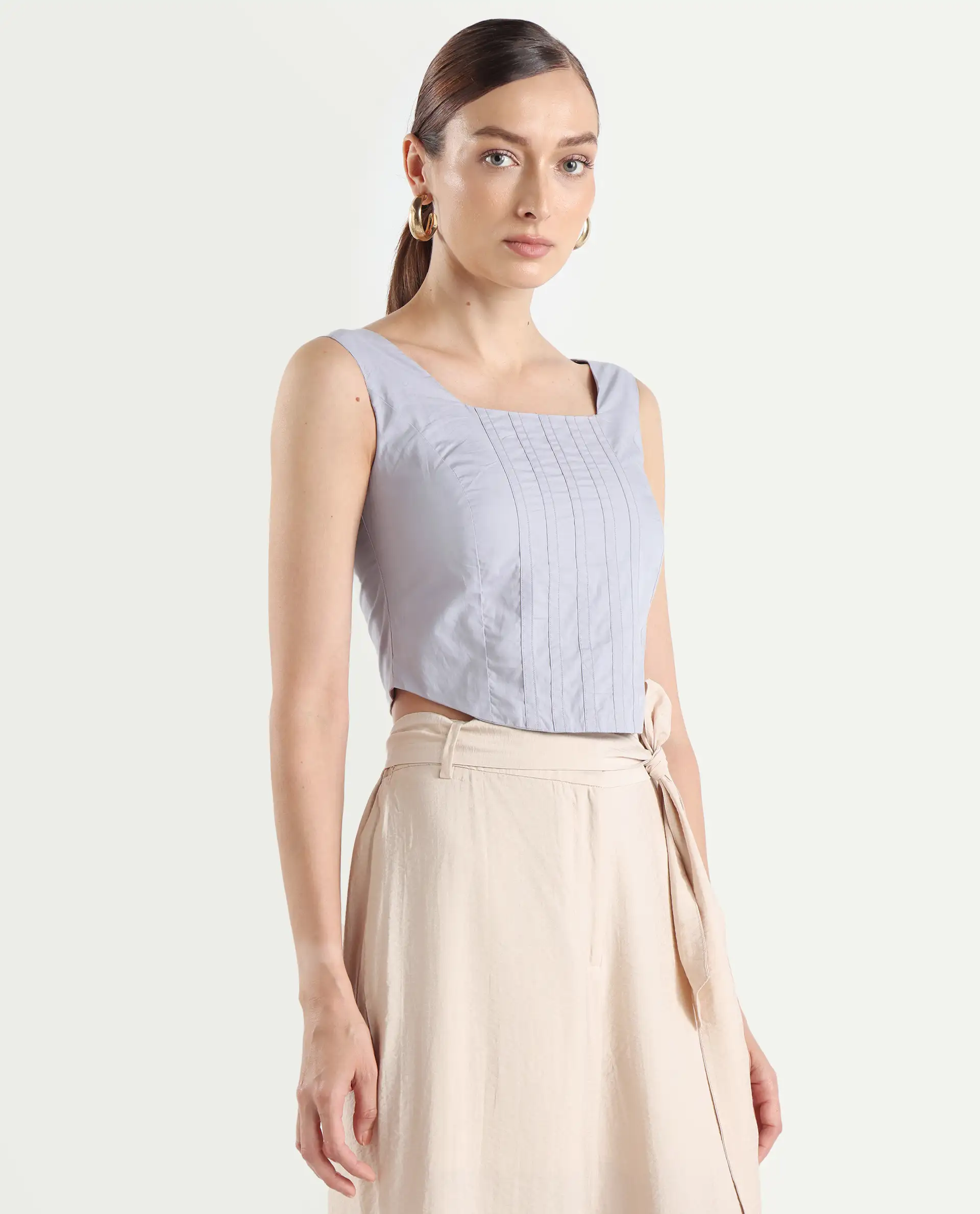 Rareism Women's Dordo Light Blue Cotton Square Neck Dyed Sleeveless Crop Fitted Top - Image 7