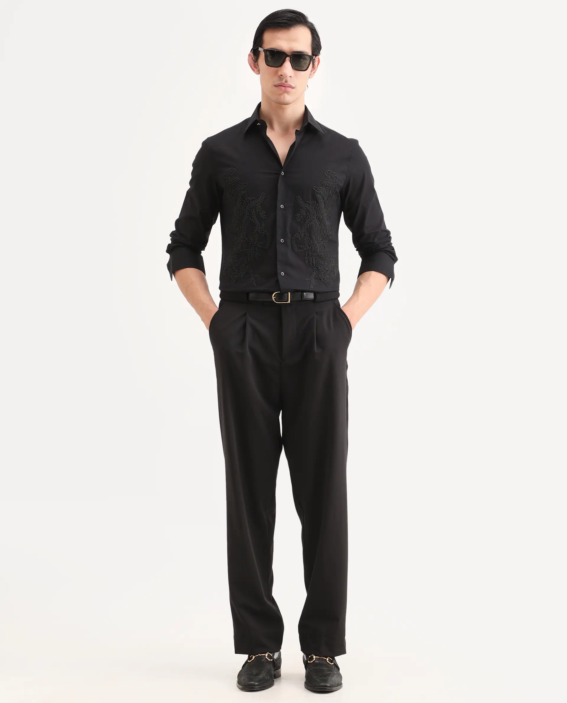 Rare Rabbit Men's Dori Black Cotton Fabric Full Sleeves Collared Neck Button Closure Embroidered Shirt - Image 2