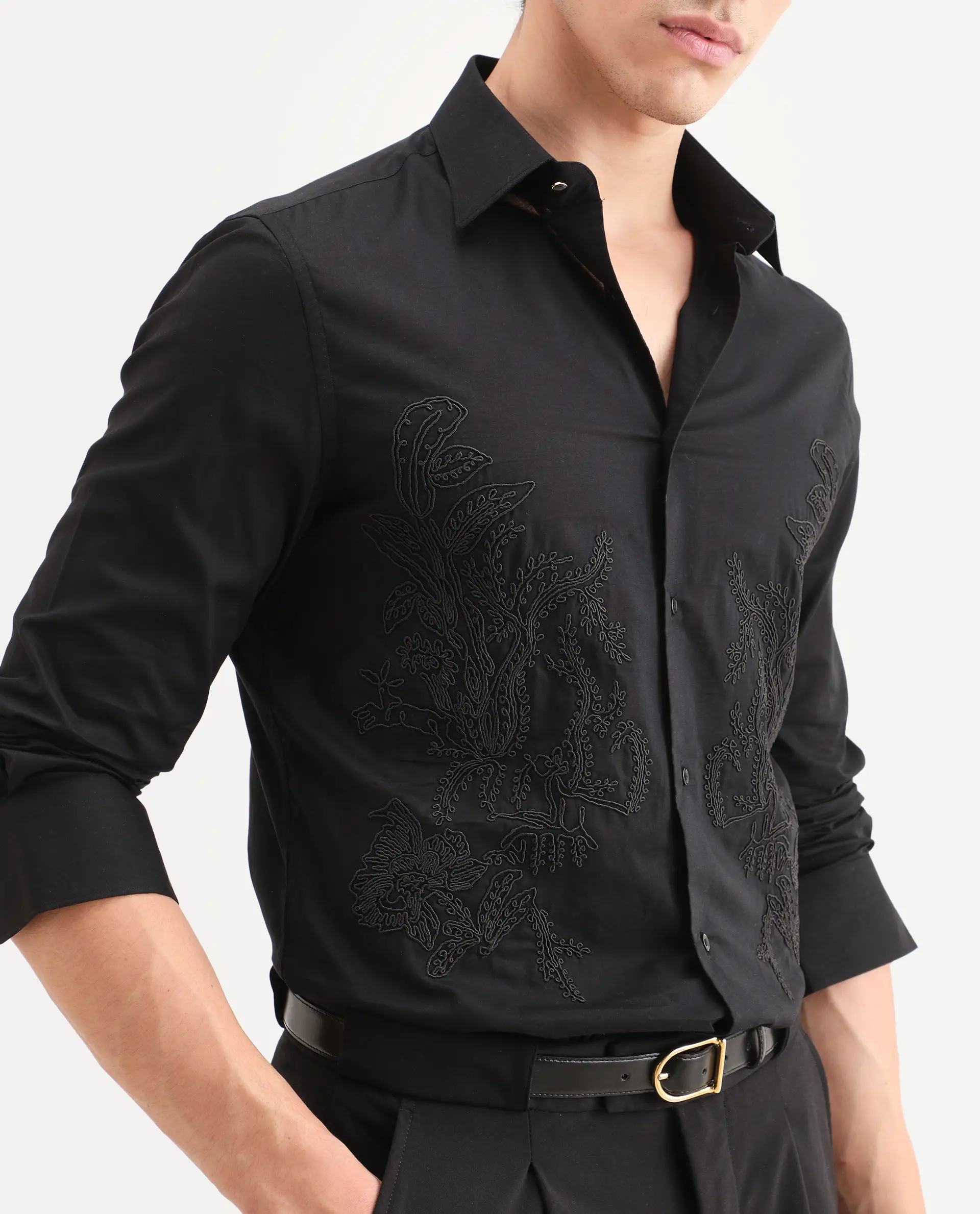 Rare Rabbit Men's Dori Black Cotton Fabric Full Sleeves Collared Neck Button Closure Embroidered Shirt - Image 3