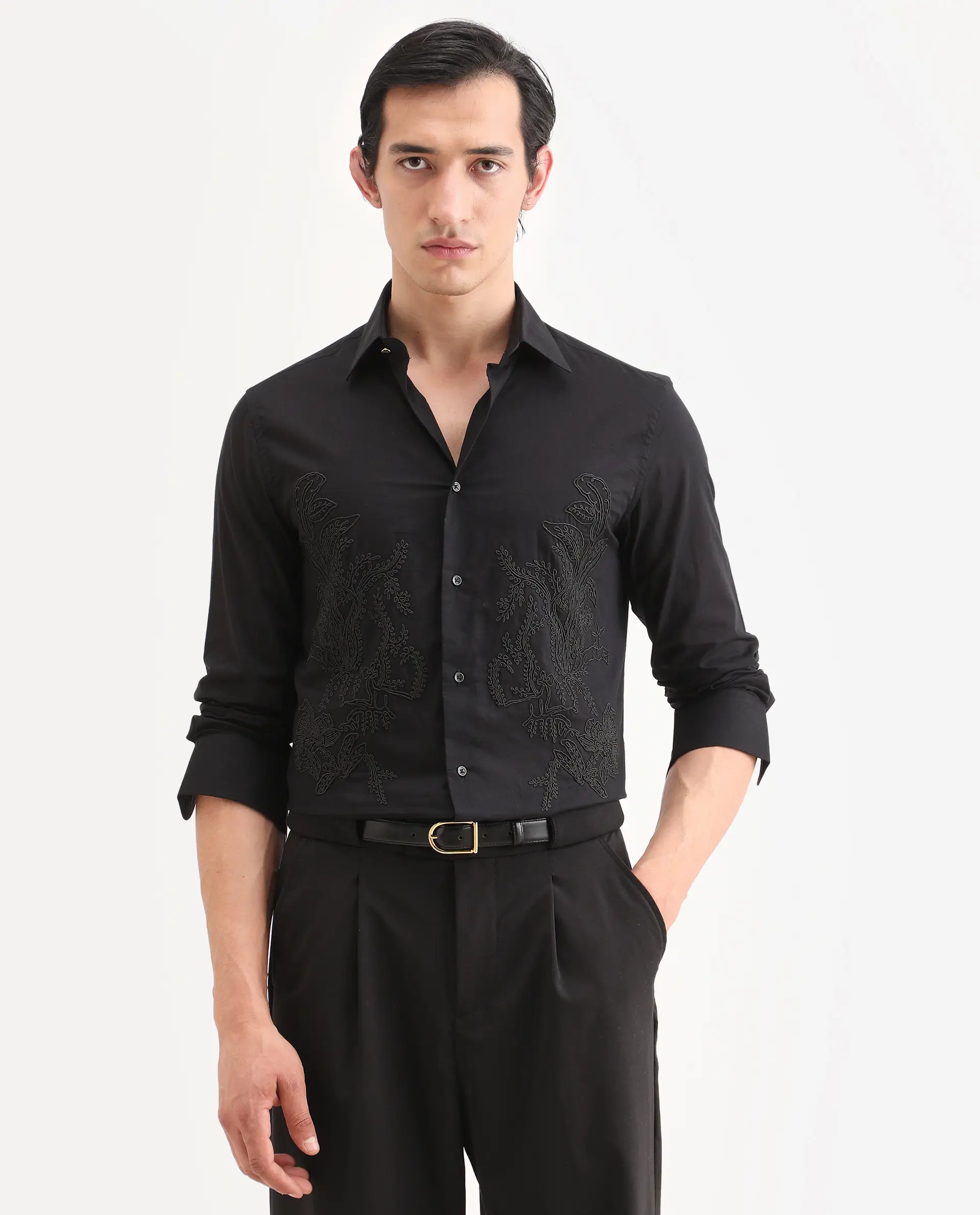 Rare Rabbit Men's Dori Black Cotton Fabric Full Sleeves Collared Neck Button Closure Embroidered Shirt - Image 4