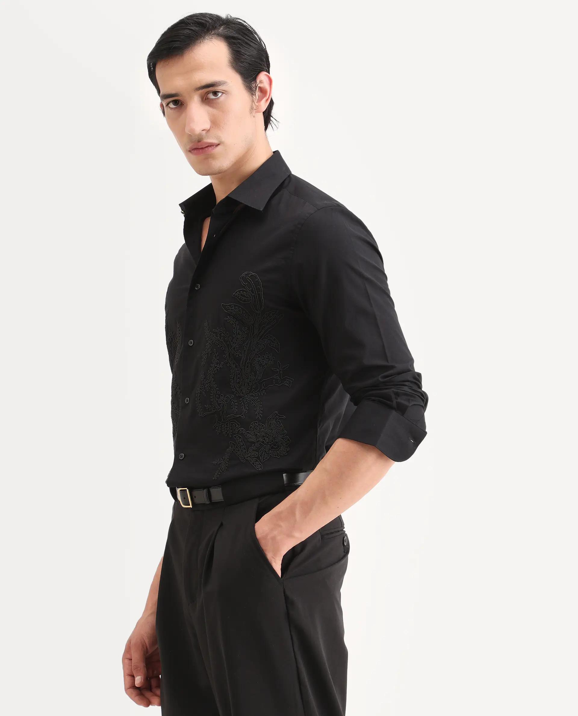 Rare Rabbit Men's Dori Black Cotton Fabric Full Sleeves Collared Neck Button Closure Embroidered Shirt - Image 5