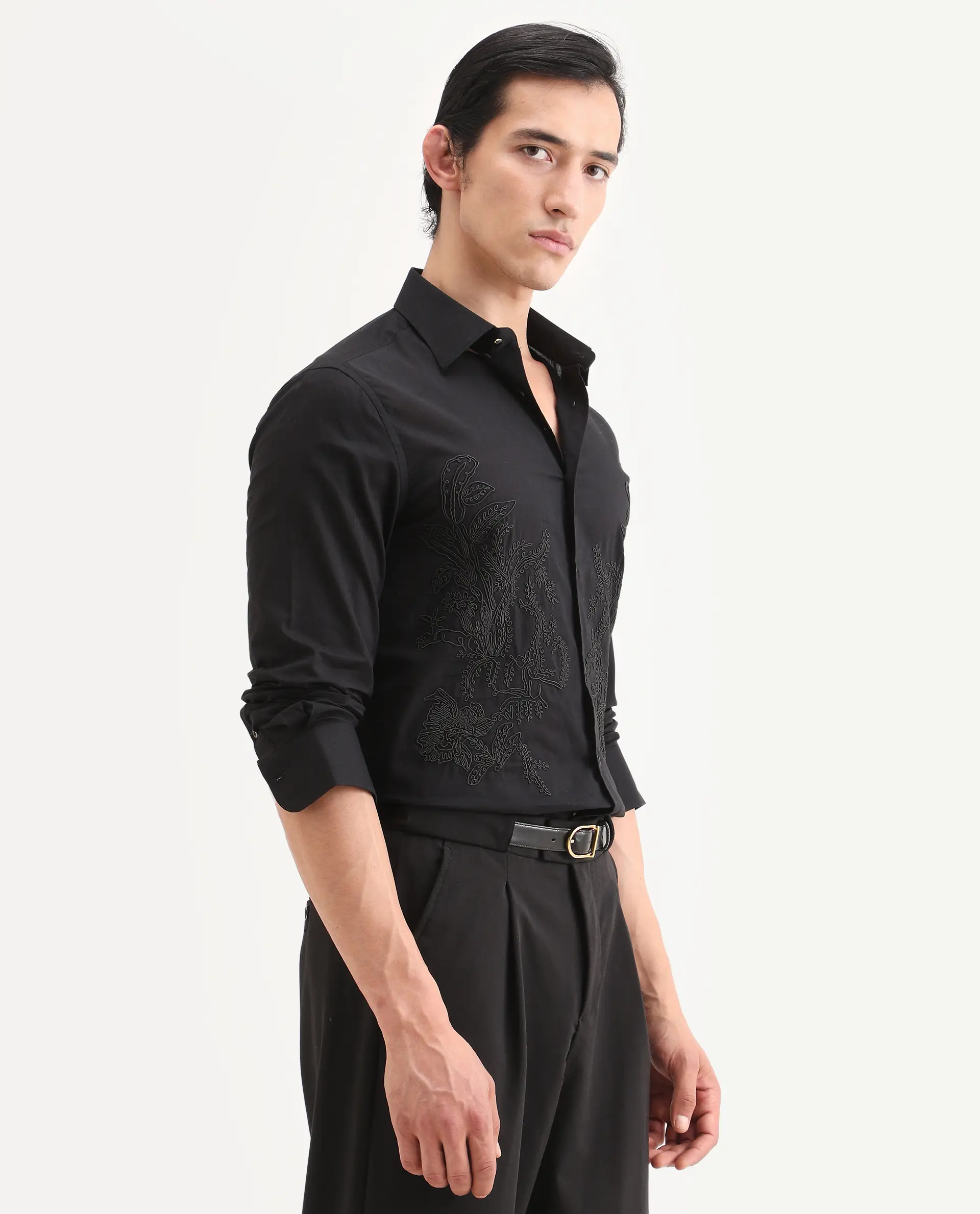 Rare Rabbit Men's Dori Black Cotton Fabric Full Sleeves Collared Neck Button Closure Embroidered Shirt - Image 6