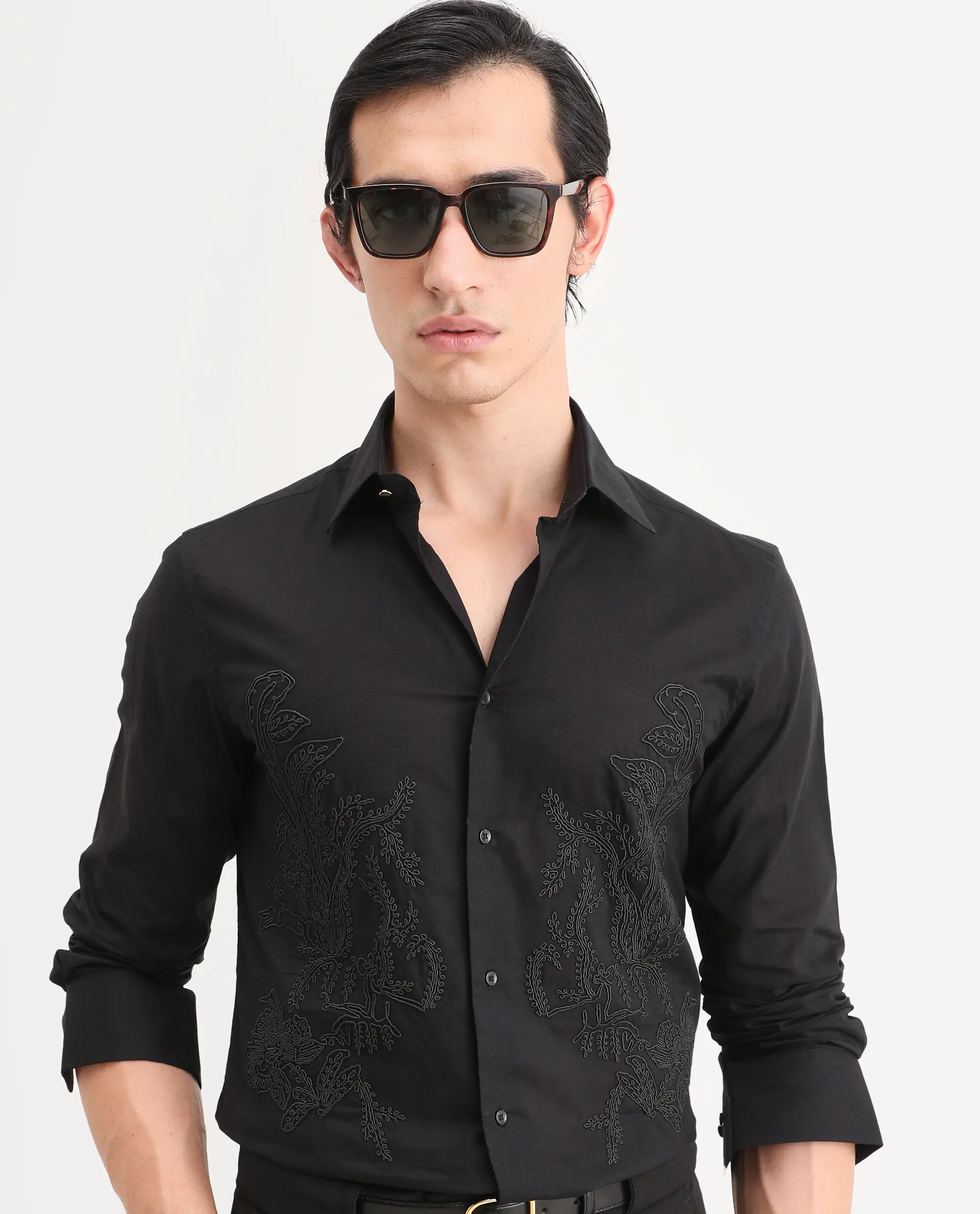 Rare Rabbit Men's Dori Black Cotton Fabric Full Sleeves Collared Neck Button Closure Embroidered Shirt - Image 7