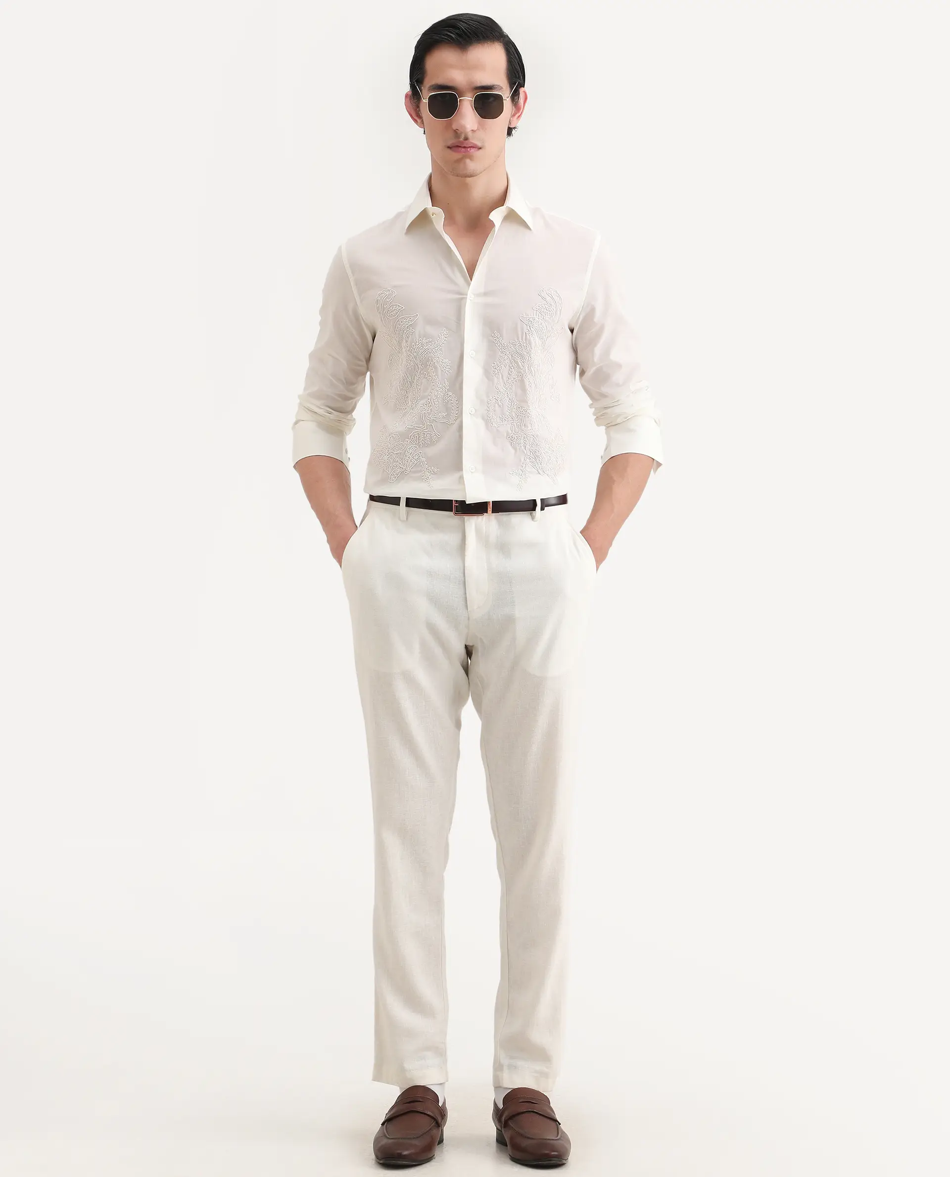 Rare Rabbit Men's Dori Off White Cotton Fabric Full Sleeves Collared Neck Button Closure Embroidered Shirt - Image 2