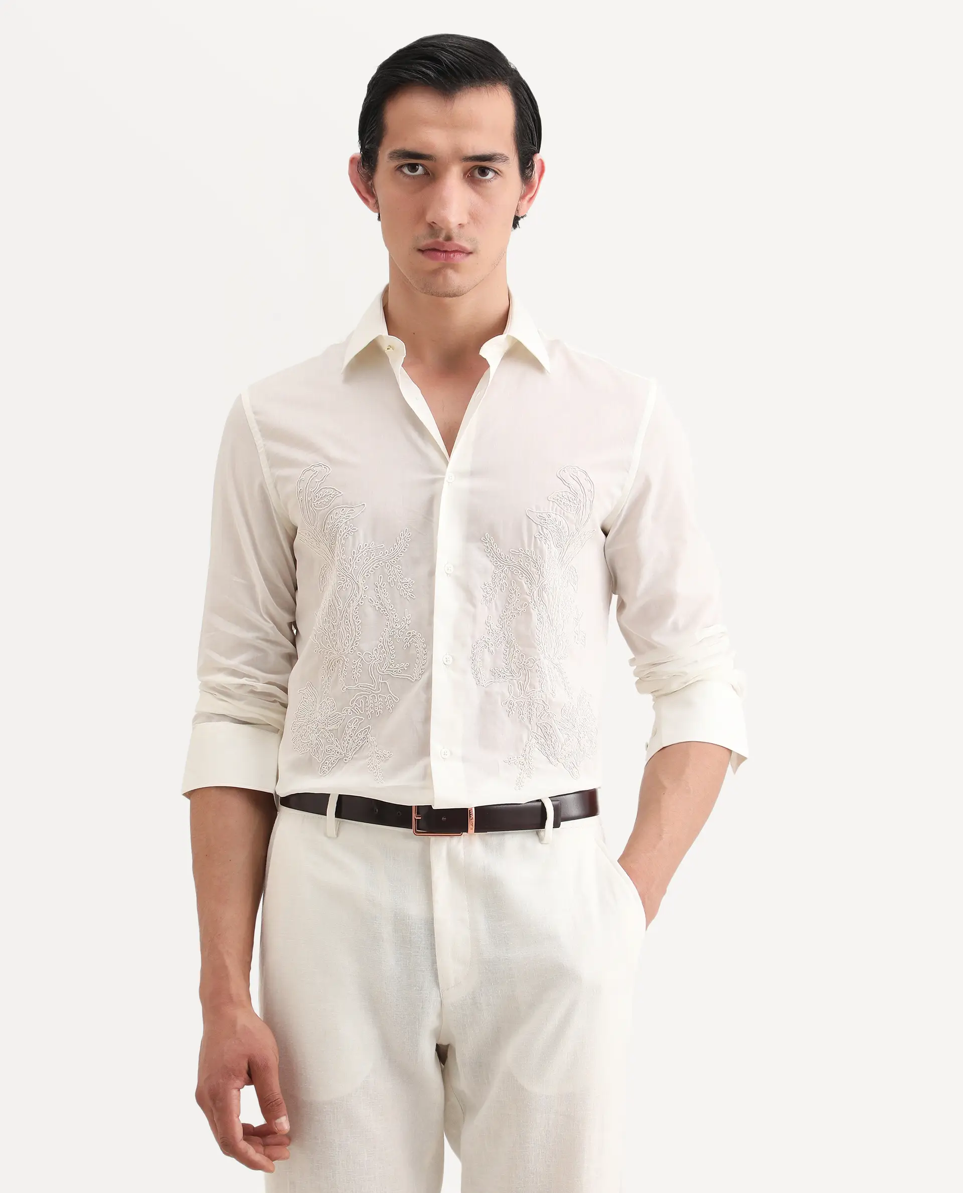 Rare Rabbit Men's Dori Off White Cotton Fabric Full Sleeves Collared Neck Button Closure Embroidered Shirt - Image 3