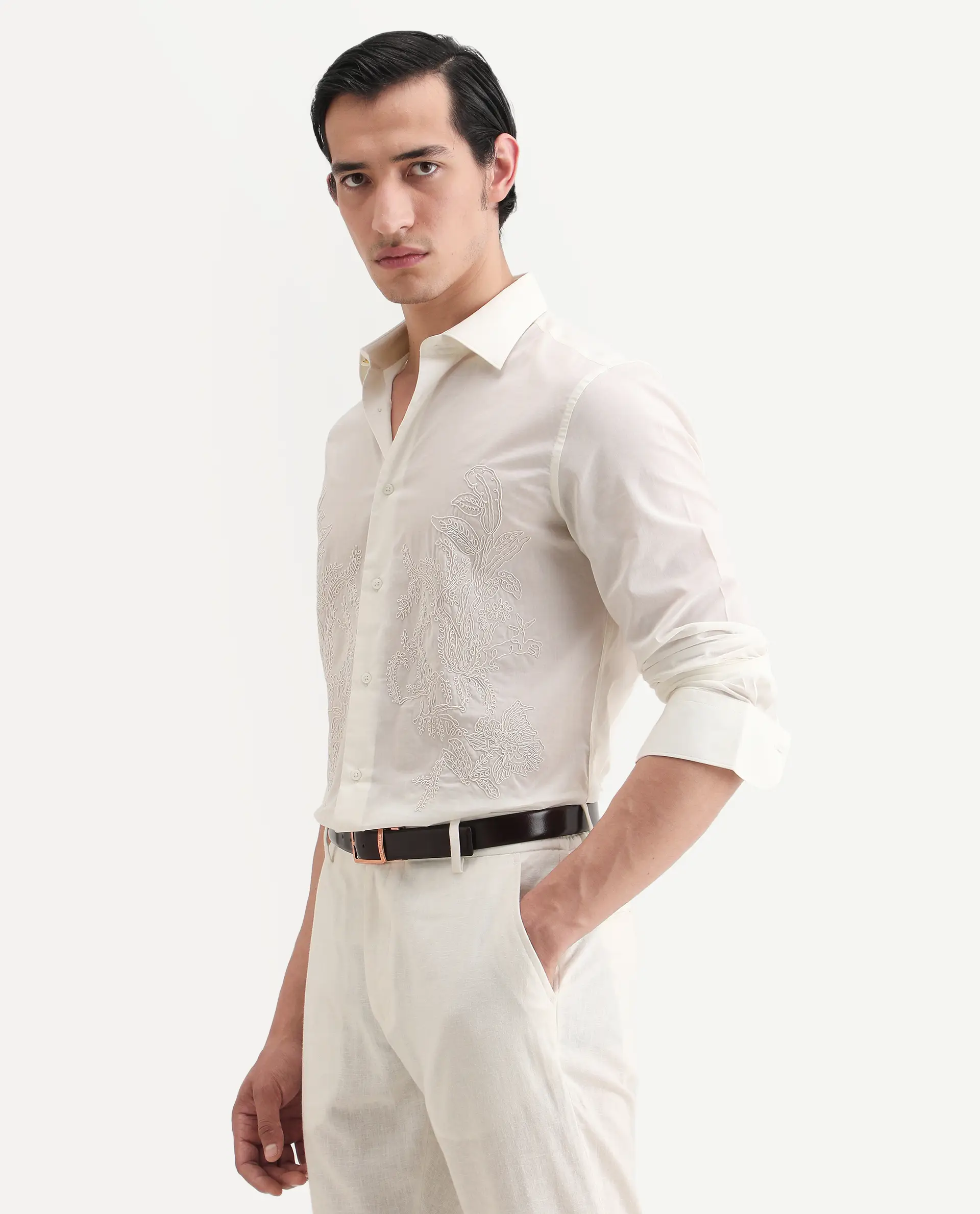 Rare Rabbit Men's Dori Off White Cotton Fabric Full Sleeves Collared Neck Button Closure Embroidered Shirt - Image 4